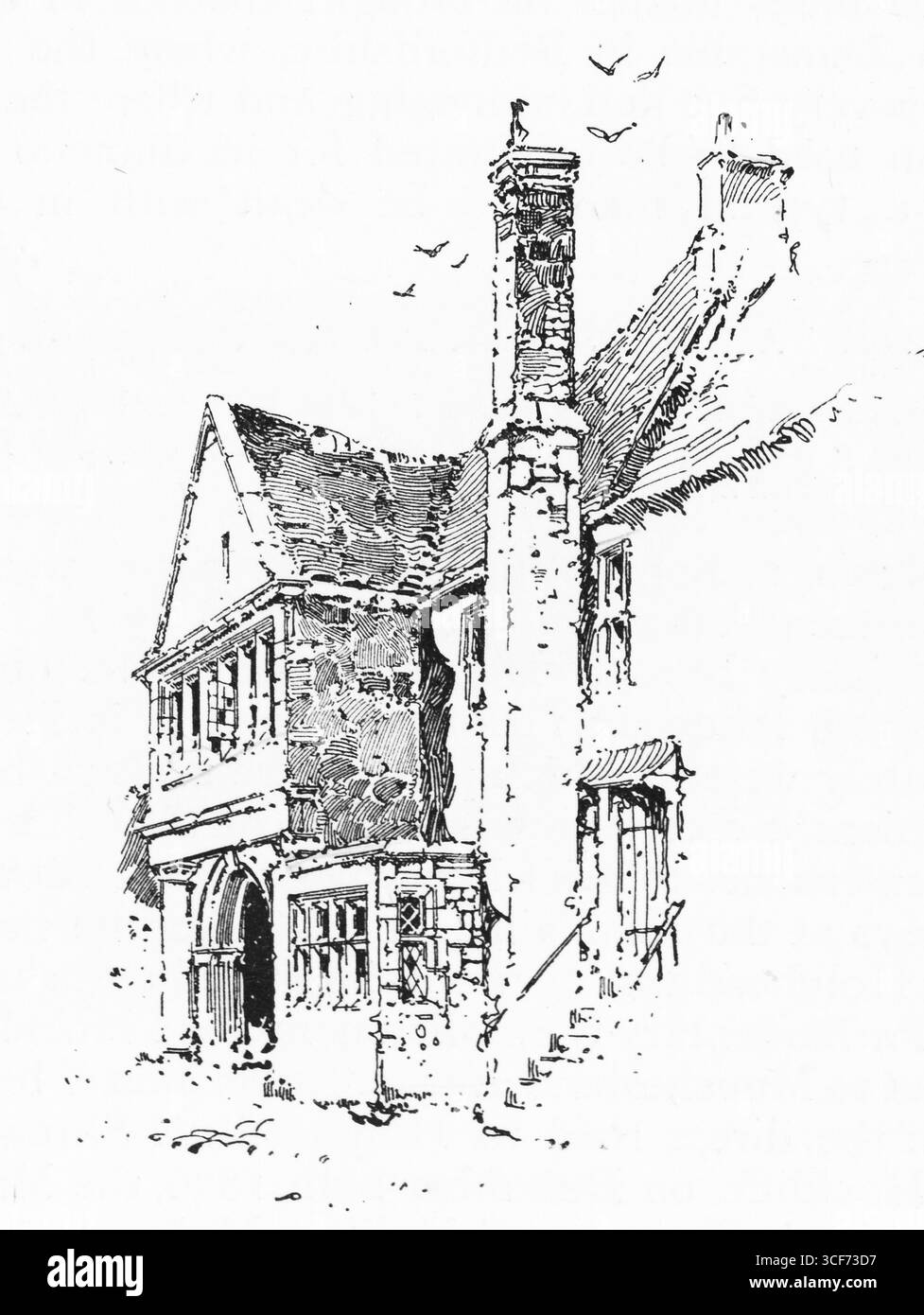 À Dunstable, un bâtiment au toit escarpé avec cheminée en briques ornées et porche à pans de bois se dresse dans la dignité tranquille. Les portes voûtées et les fenêtres à meneaux évoquent des origines médiévales ou Tudor, tandis que les oiseaux tracent le ciel au-dessus. Le croquis en noir et blanc, riche en texture et ombrage, capture la profondeur architecturale et la présence durable de l’histoire dans un seuil modeste. Illustration publiée pour la première fois en 1888 par Richard Clay and sons dans le livre Coaching Days and Coaching Ways de W. Outram Tristram. Les illustrateurs étaient Herbert Railton et Hugh Thomson. Banque D'Images