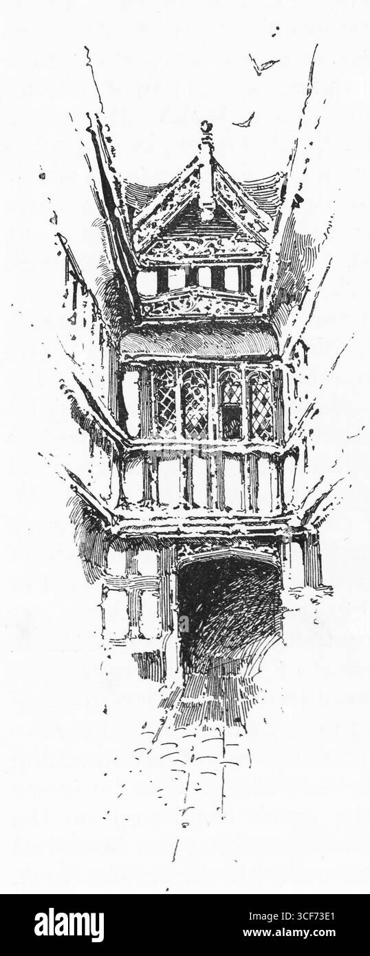 L’hôpital Ford de Coventry est un joyau de l’architecture médiévale tardive – sa façade à ossature de bois, ses pignons abrupts et ses fenêtres en treillis entourant une cour tranquille. Autrefois une almshouse, les boiseries ornées du bâtiment et les hautes cheminées parlent de l'artisanat Tudor. Les oiseaux dérivent au-dessus du toit dans ce croquis en noir et blanc, qui capture la grâce solennelle du patrimoine civique. Illustration publiée pour la première fois en 1888 par Richard Clay and sons dans le livre Coaching Days and Coaching Ways de W. Outram Tristram. Les illustrateurs étaient Herbert Railton et Hugh Thomson. Banque D'Images