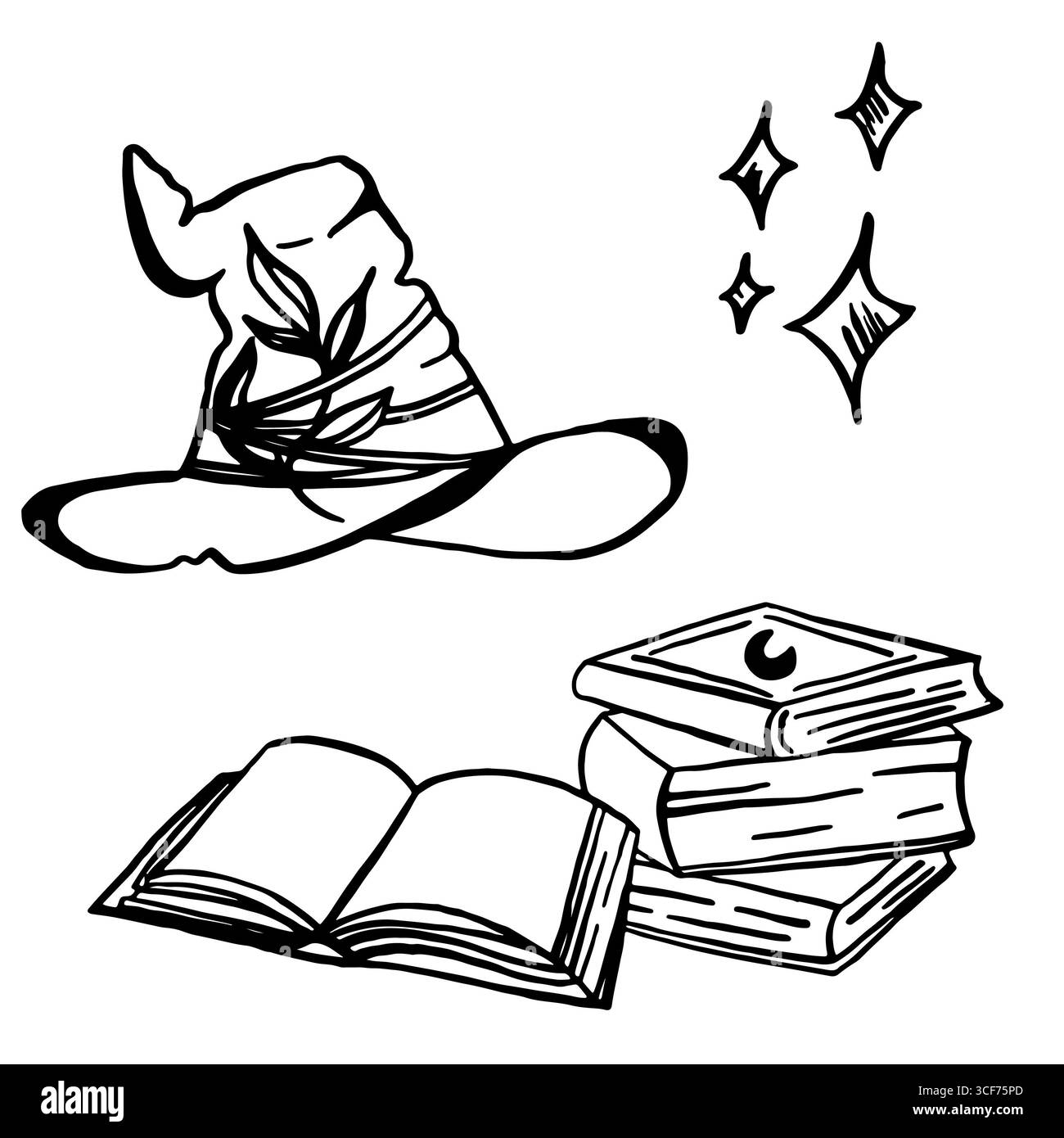 Image de chapeau de sorcière, livres magiques et étoiles. Icônes vectorielles linéaires sur le thème d'Halloween sans arrière-plan. Banque D'Images