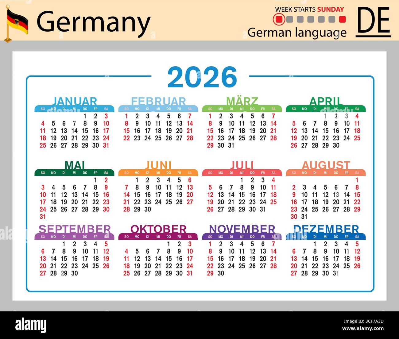 Calendriers de poche horizontaux allemands pour 2026 (deux mille vingt-six). La semaine commence dimanche. Nouvel an. Couleur design simple. Vecteur Illustration de Vecteur
