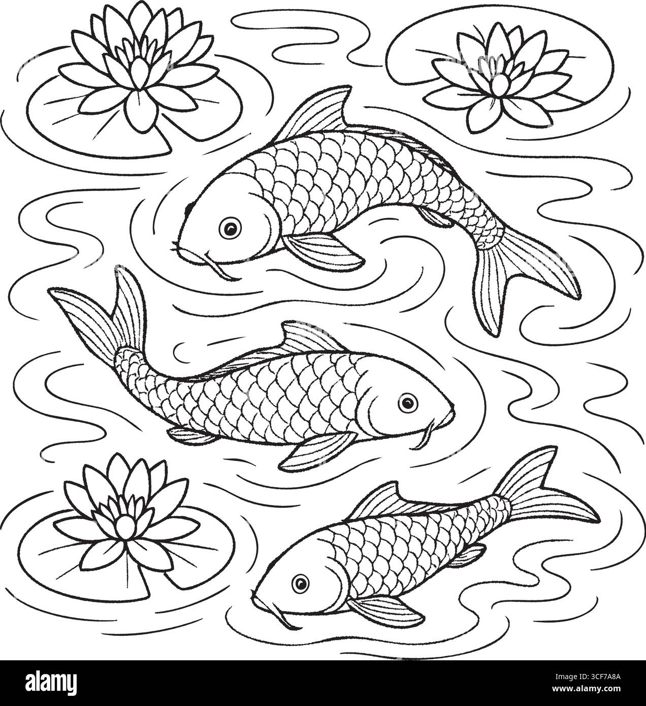 Dessin de ligne noire montrant trois koi nageant parmi les ondulations et fleurs de lotus en fleurs avec des feuilles sur un fond blanc. Illustration de Vecteur