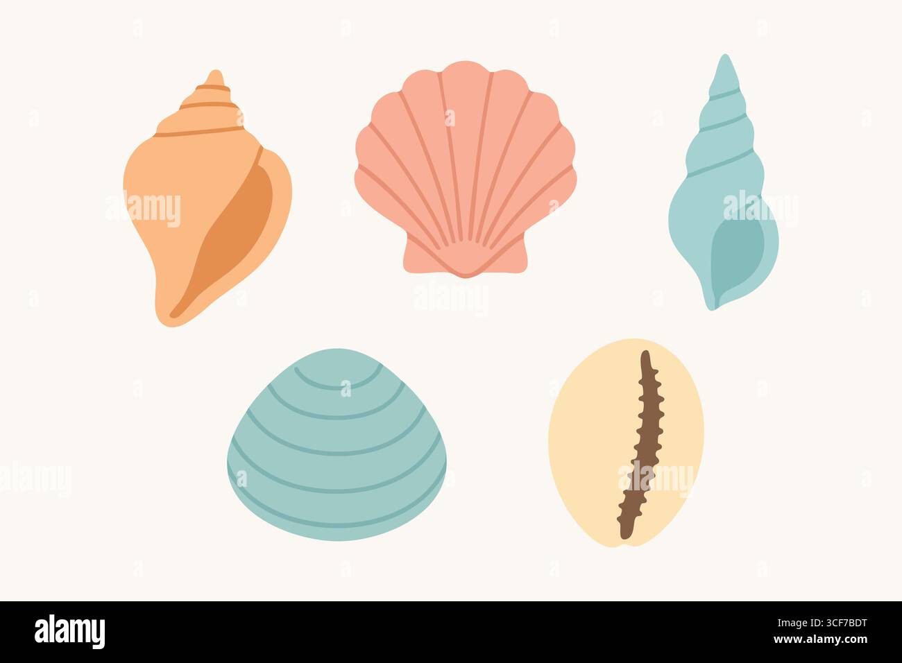 Des icônes douces du bord de mer avec des coquillages variés, y compris le turban en spirale à feston en forme de conque et une cowrie lisse. Illustration de Vecteur
