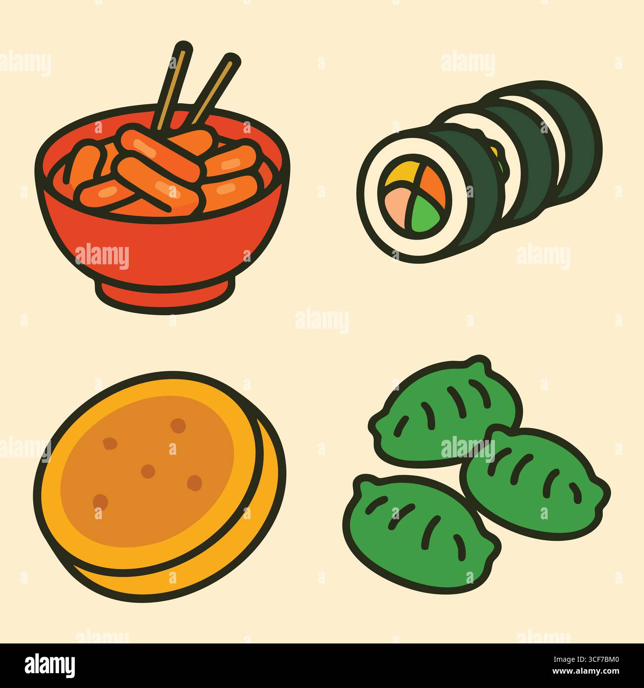 Graphiques alimentaires conviviaux montrant un bol de gâteaux de riz épicés tranchés d'algues enveloppés de rouleaux un gâteau plat sucré rond et des boulettes d'herbes vertes. Illustration de Vecteur