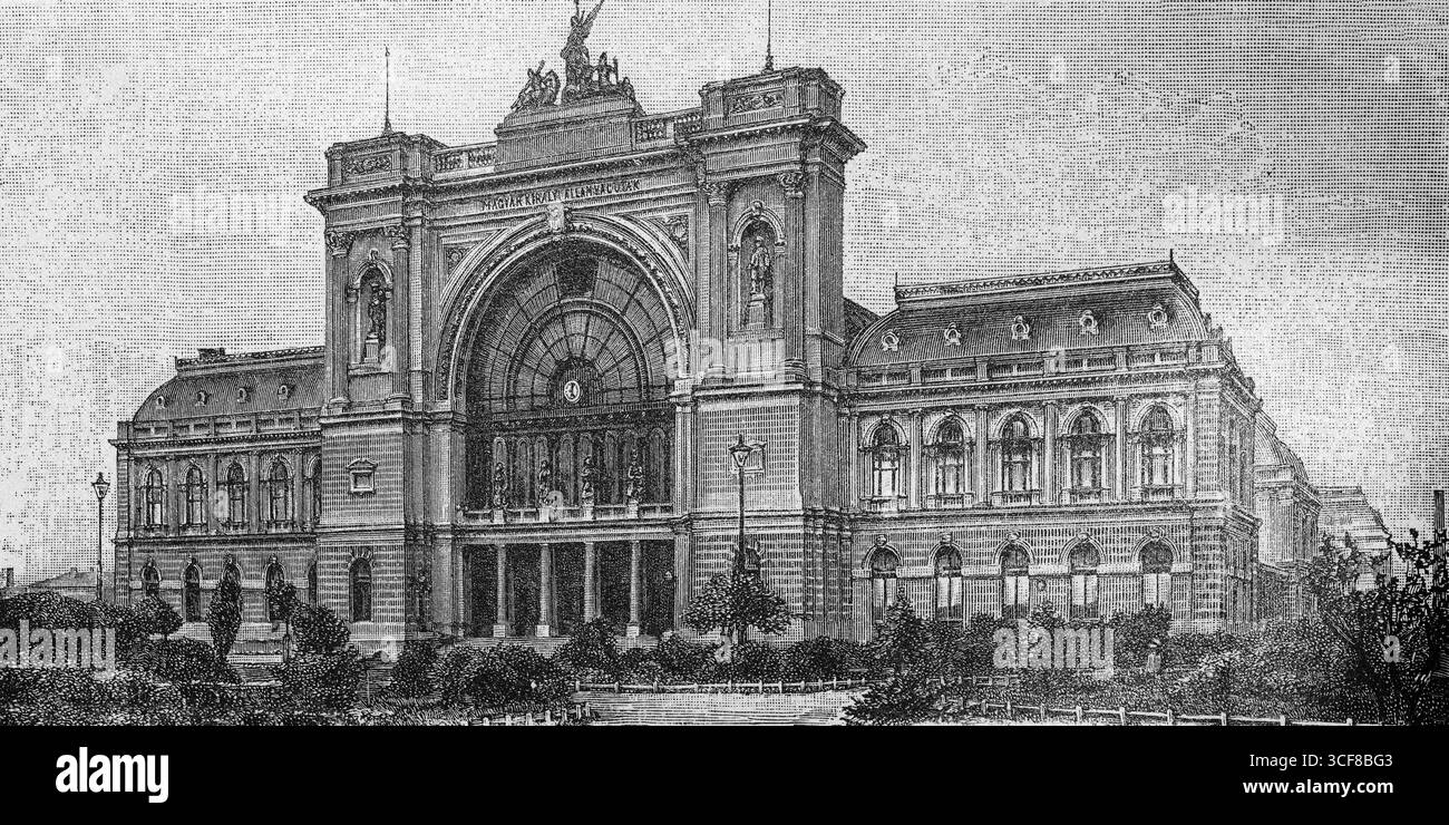 Gare de l'est des chemins de fer hongrois Bunddest, vue historique vers 1900, gravure sur acier, illustration de livre, Brockhaus encyclop Banque D'Images