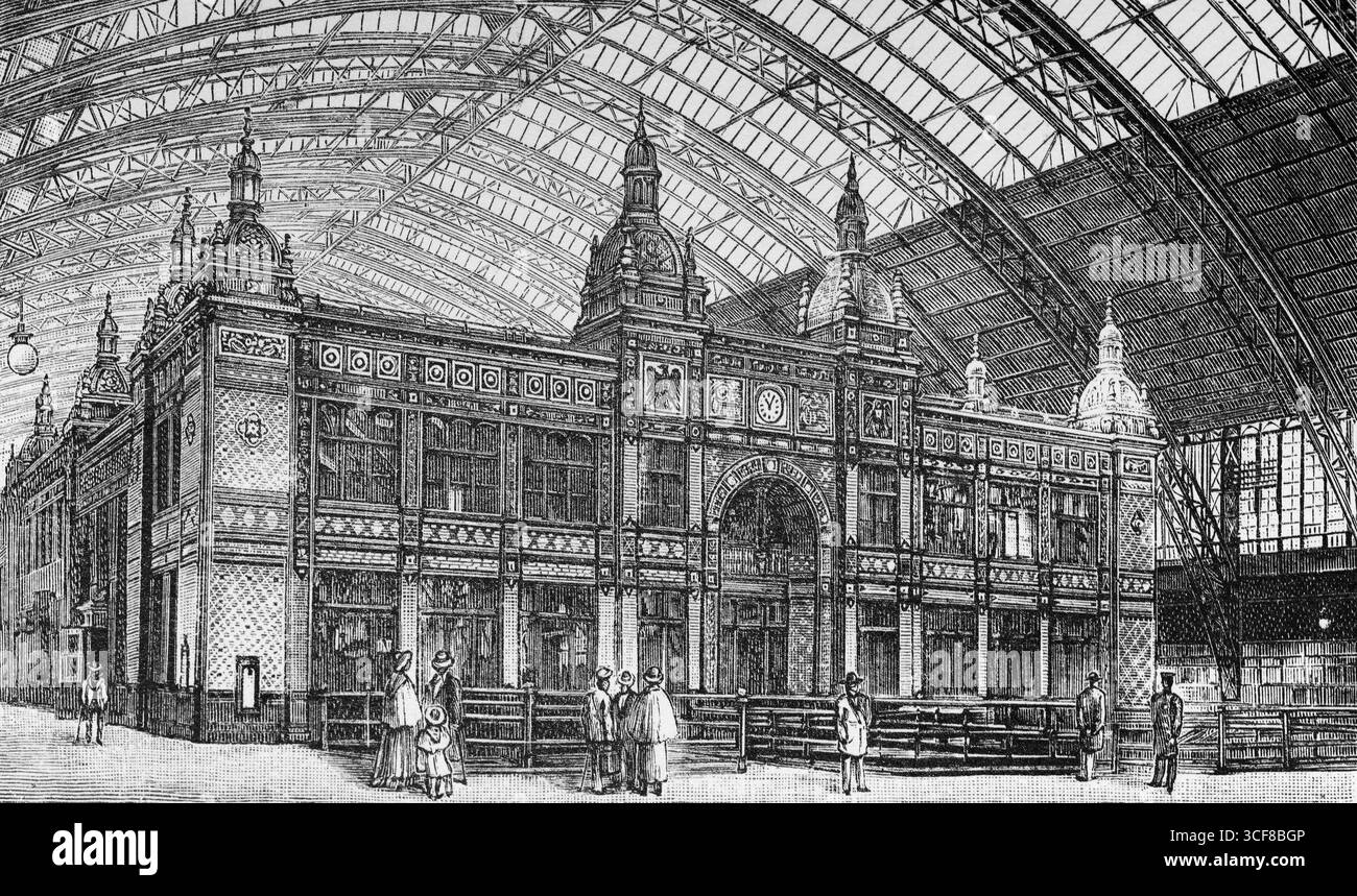 Gare centrale de Cologne, bâtiment dans le hall de la gare, vue historique vers 1900, gravure sur acier, illustration de livre, encyclopédie Brockhaus f Banque D'Images