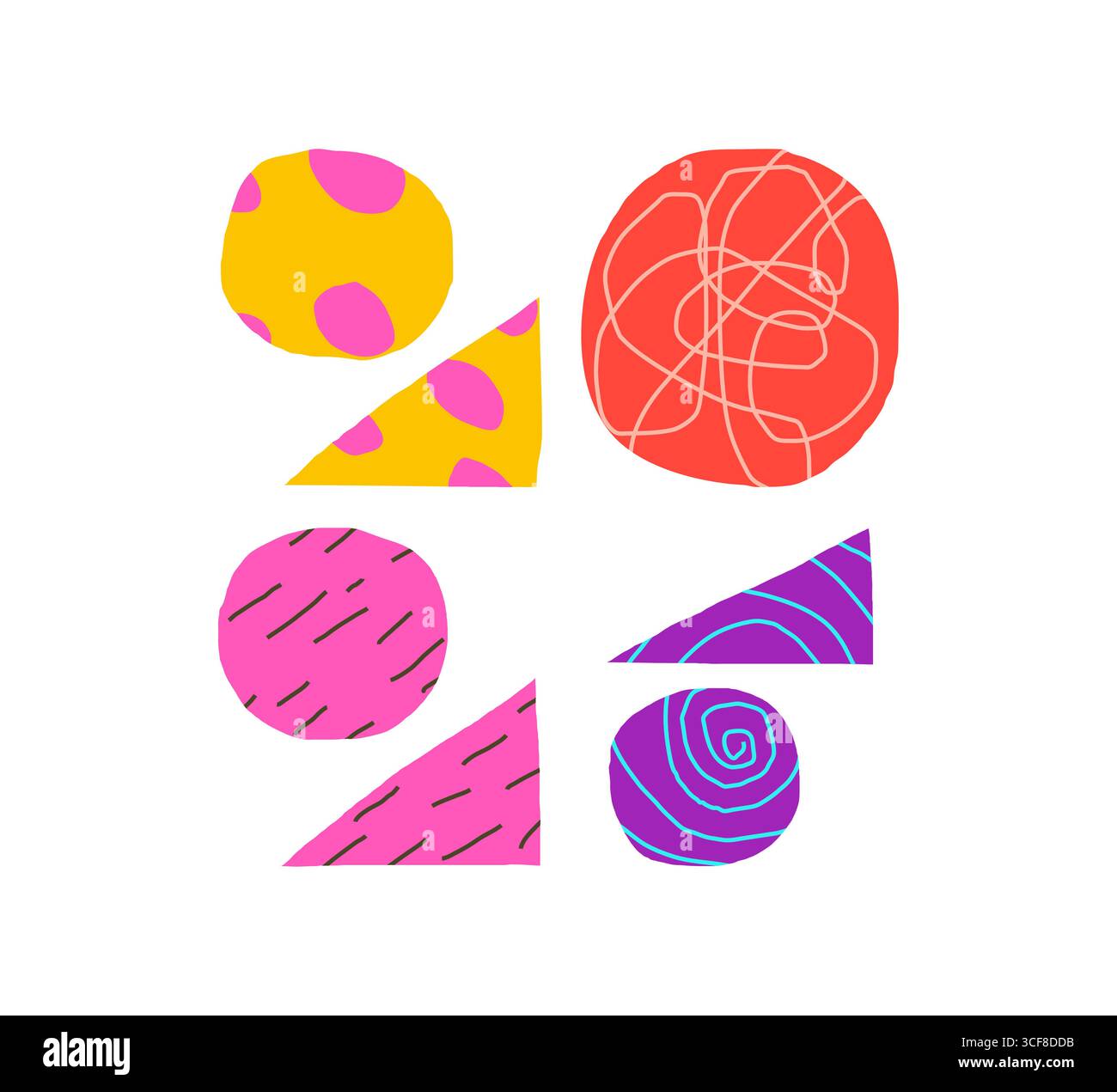 Salutation créative du nouvel an 2026 dans un style naïf abstrait avec lettrage décoratif et icônes festives de doodle. Illustration vectorielle lumineuse pour couverture de calendrier, affiche d'événement ou carte de vacances. Illustration de Vecteur