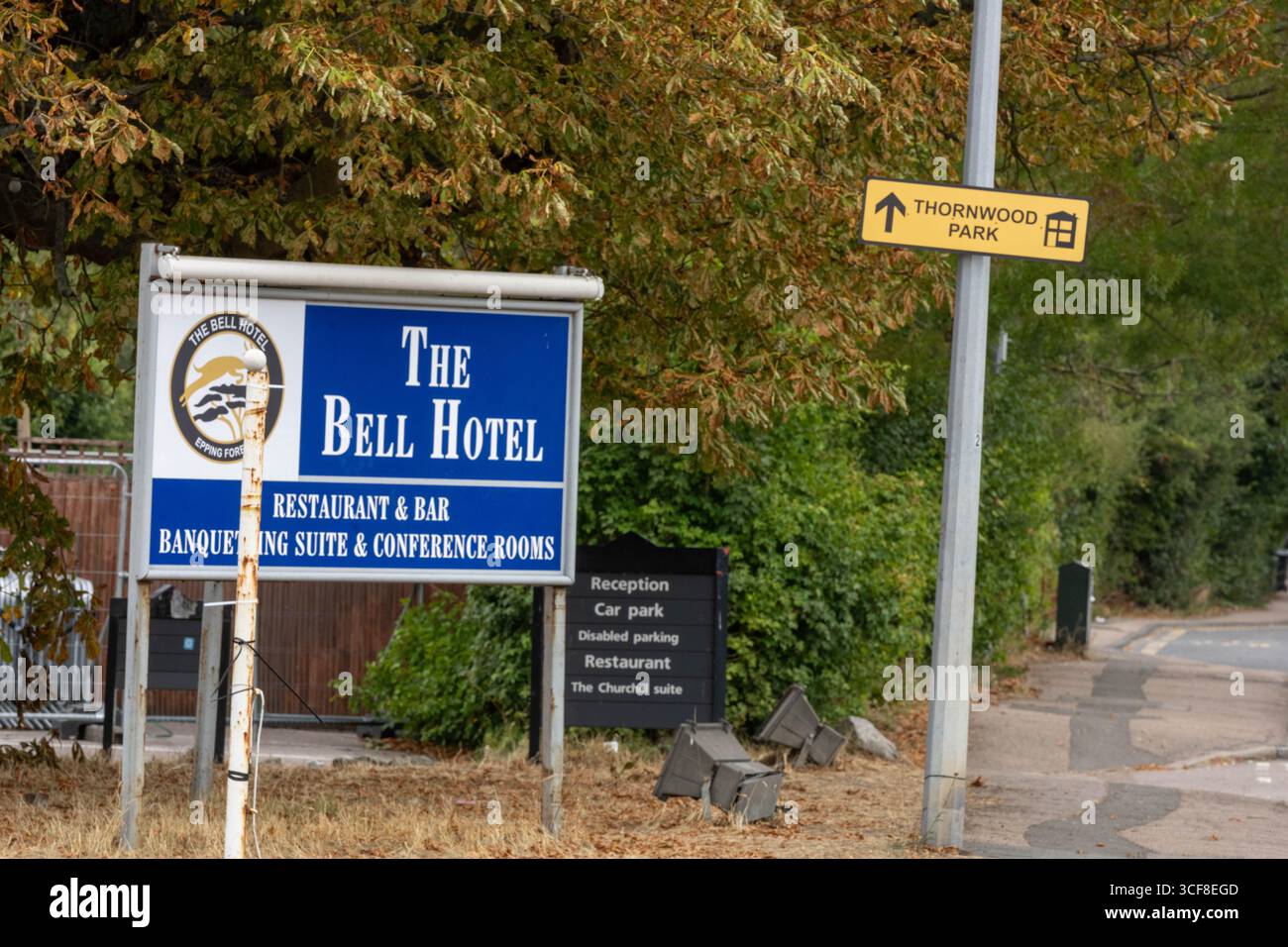 Epping Essex 21 août 2025 The Bell Hotel Epping, après une injuction temporaire de la haute Cour pour que les immigrés de l'hôtel soient enlevés. St George's amd Union drapeaux autour de l'hôtel et Epping. Crédit : Ian Davidson/Alamy Live News Banque D'Images