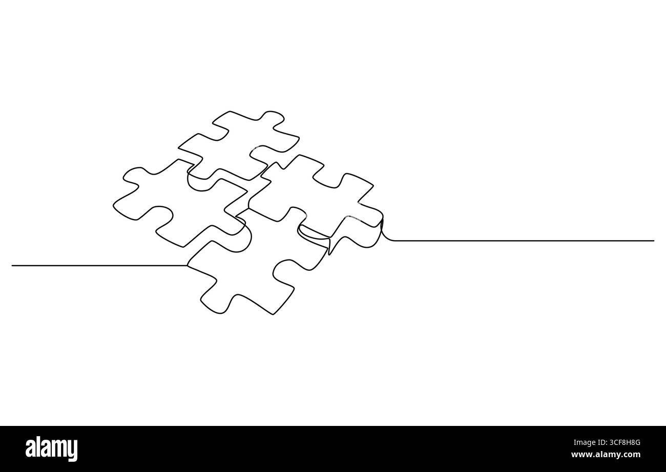 Deux pièces de puzzle art ligne simple, deux puzzles connectés ligne art pièces de puzzle continu d'une ligne dessin. Illustration de Vecteur
