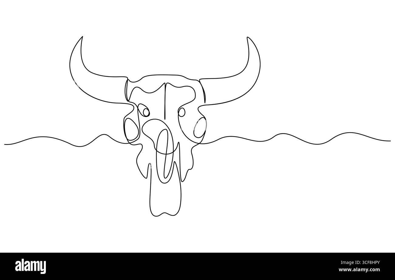 Crâne de vache art continu sur une ligne. Dessin au trait de crâne animal, dessin au trait unique de crâne sauvage, dessin au trait de crâne Bull Illustration de Vecteur
