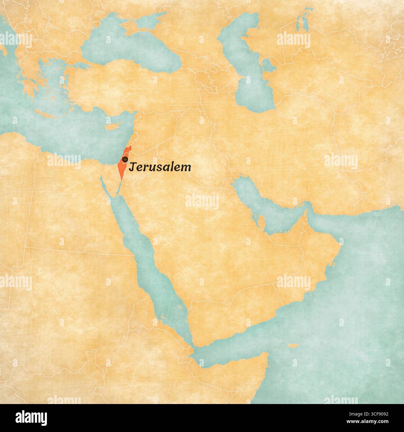 Jérusalem sur la carte du moyen-Orient (Asie occidentale) dans un style grunge doux et vintage, comme du vieux papier avec de la peinture à l'aquarelle. Banque D'Images