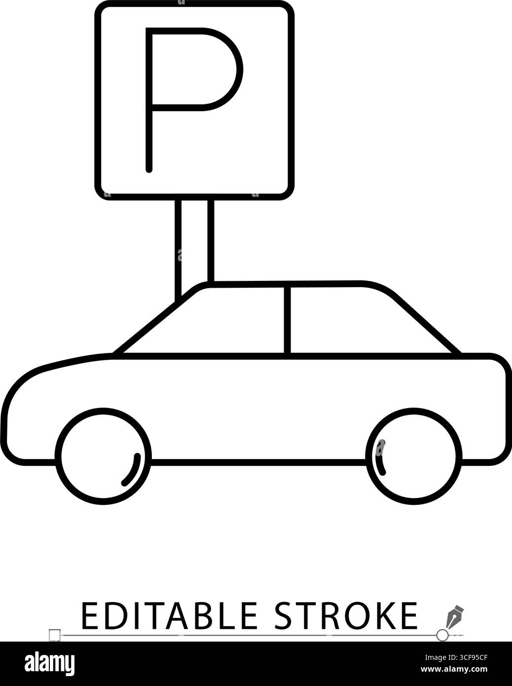 Icône de ligne de stationnement avec contour modifiable. Contour vectoriel de la voiture avec signe de stationnement. Symbole minimaliste pour hôtel, service urbain, transport, véhicule Illustration de Vecteur