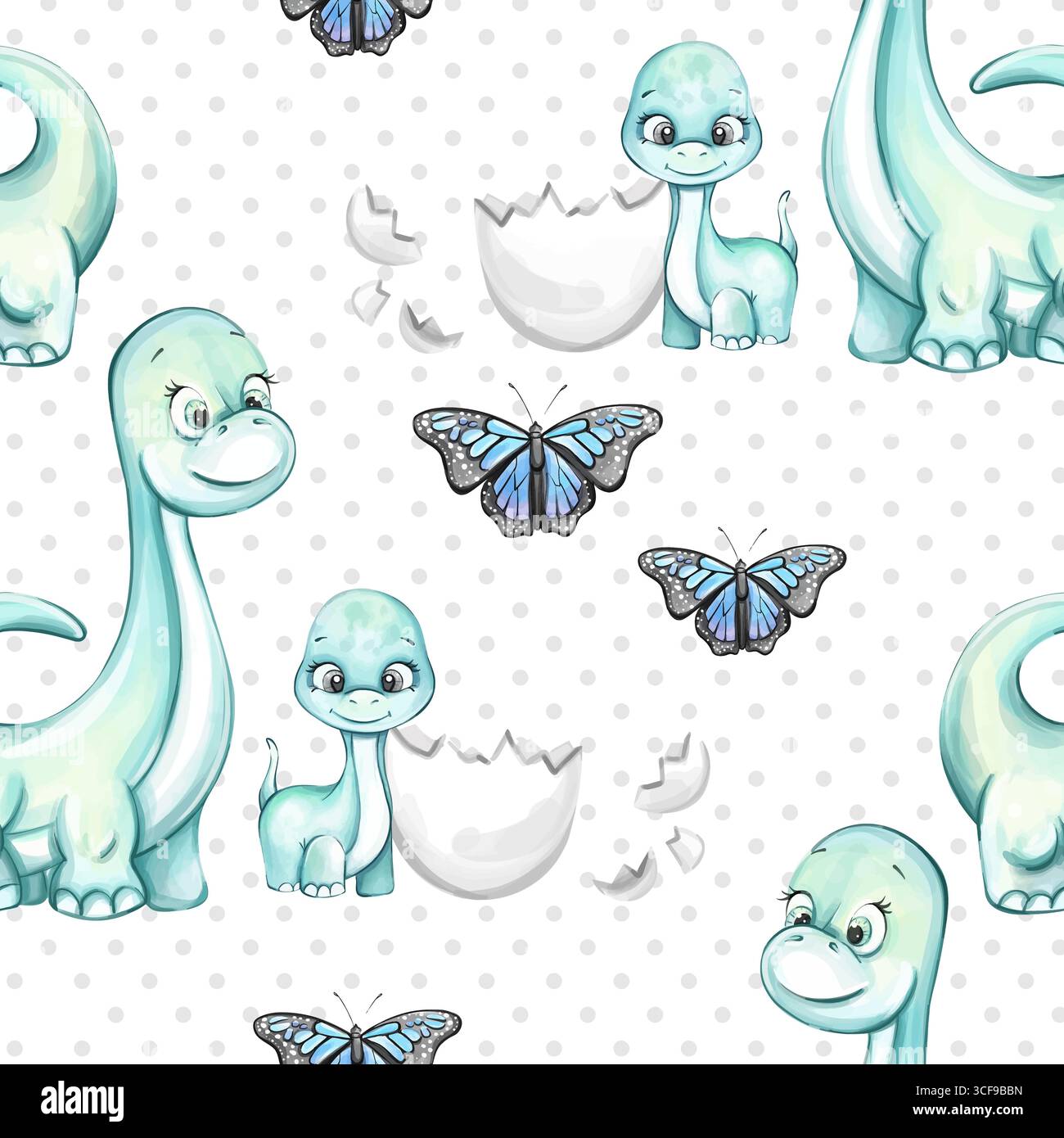 Motif fantaisiste sans couture avec de mignons dinosaures et papillons sur un fond en pointillés adapté au papier peint et à la conception textile Illustration de Vecteur