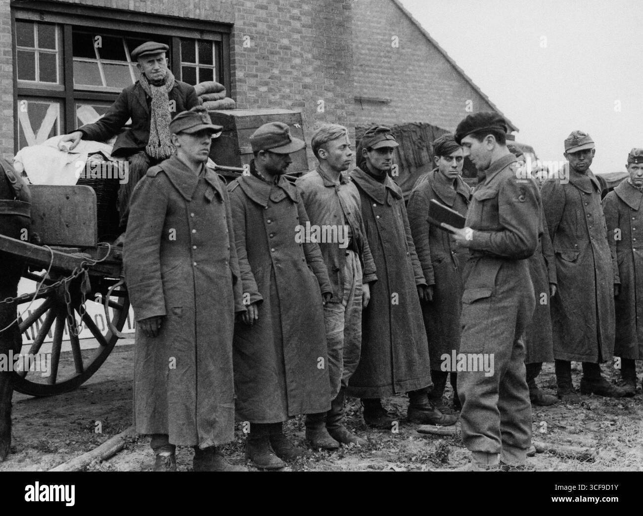 ALPHEN / GILZE, PAYS-BAS - 27 octobre 1944 - Un agriculteur néerlandais avec ses articles ménagers sur un wagon de ferme regarde vers le bas une ligne de prisonniers de guerre allemands interr Banque D'Images