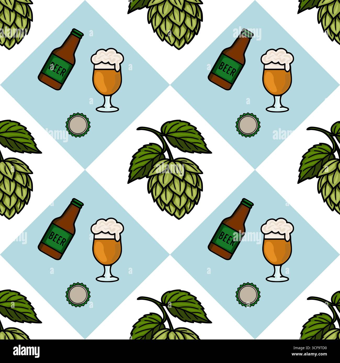 Modèle vectoriel sans couture de bouteilles de bière, verres de bière, cônes de houblon et bouchons de bouteille sur un fond diagonal bleu clair et blanc, parfait pour Oktobe Illustration de Vecteur