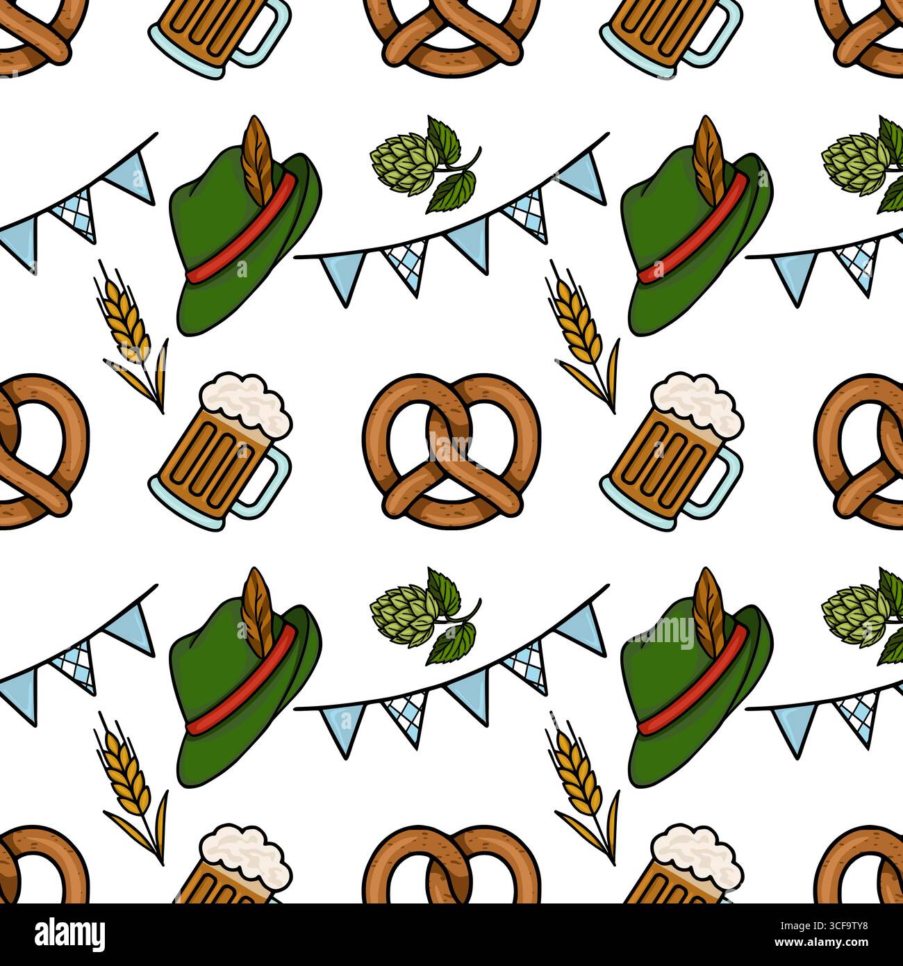Modèle vectoriel sans couture avec chapeaux bavarois, bretzels, tasses à bière, tiges de blé, houblon, et une banderole festive, créant un Oktober vibrant et joyeux Illustration de Vecteur