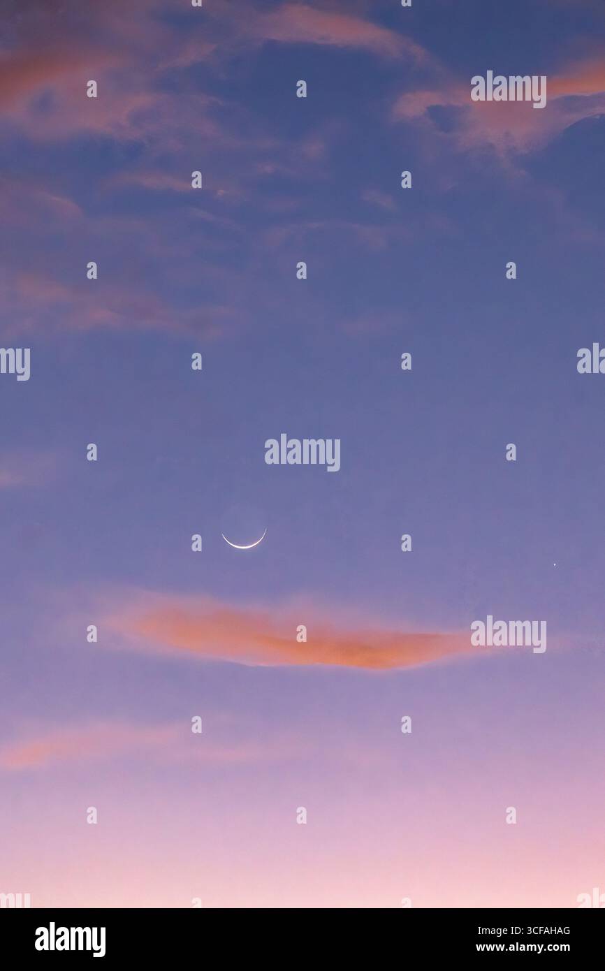 Lune se levant dans le ciel de Maui à l'heure bleue. Banque D'Images
