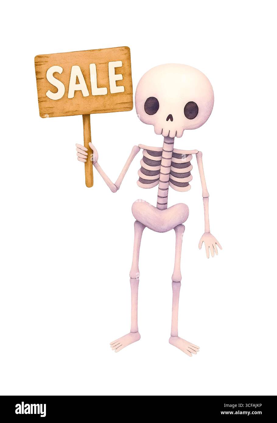 Squelette mignon d'Halloween avec illustration d'aquarelle de signe, personnage Spooky Skull tenant la bannière pour la promotion Banque D'Images