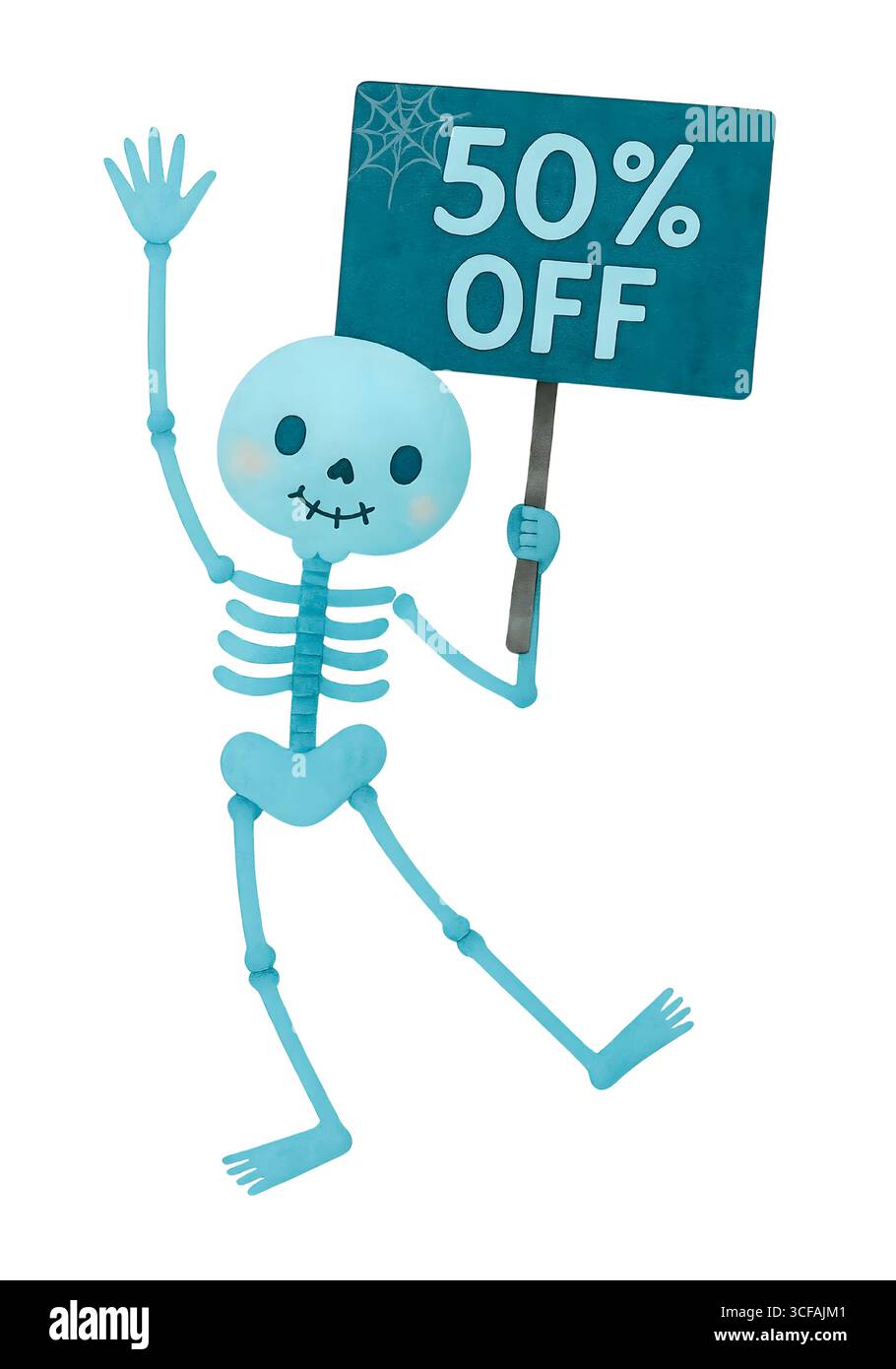 Squelette mignon d'Halloween avec illustration d'aquarelle de signe, personnage Spooky Skull tenant la bannière pour la promotion Banque D'Images