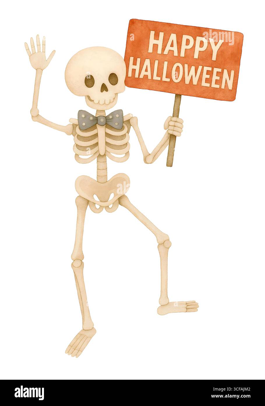 Squelette mignon d'Halloween avec illustration d'aquarelle de signe, personnage Spooky Skull tenant la bannière pour la promotion Banque D'Images