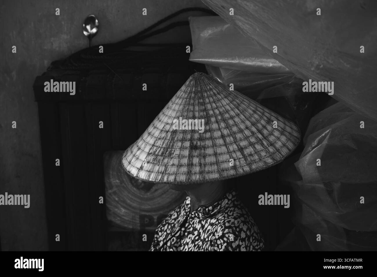Portrait noir et blanc de femme en chapeau conique vietnamien Banque D'Images