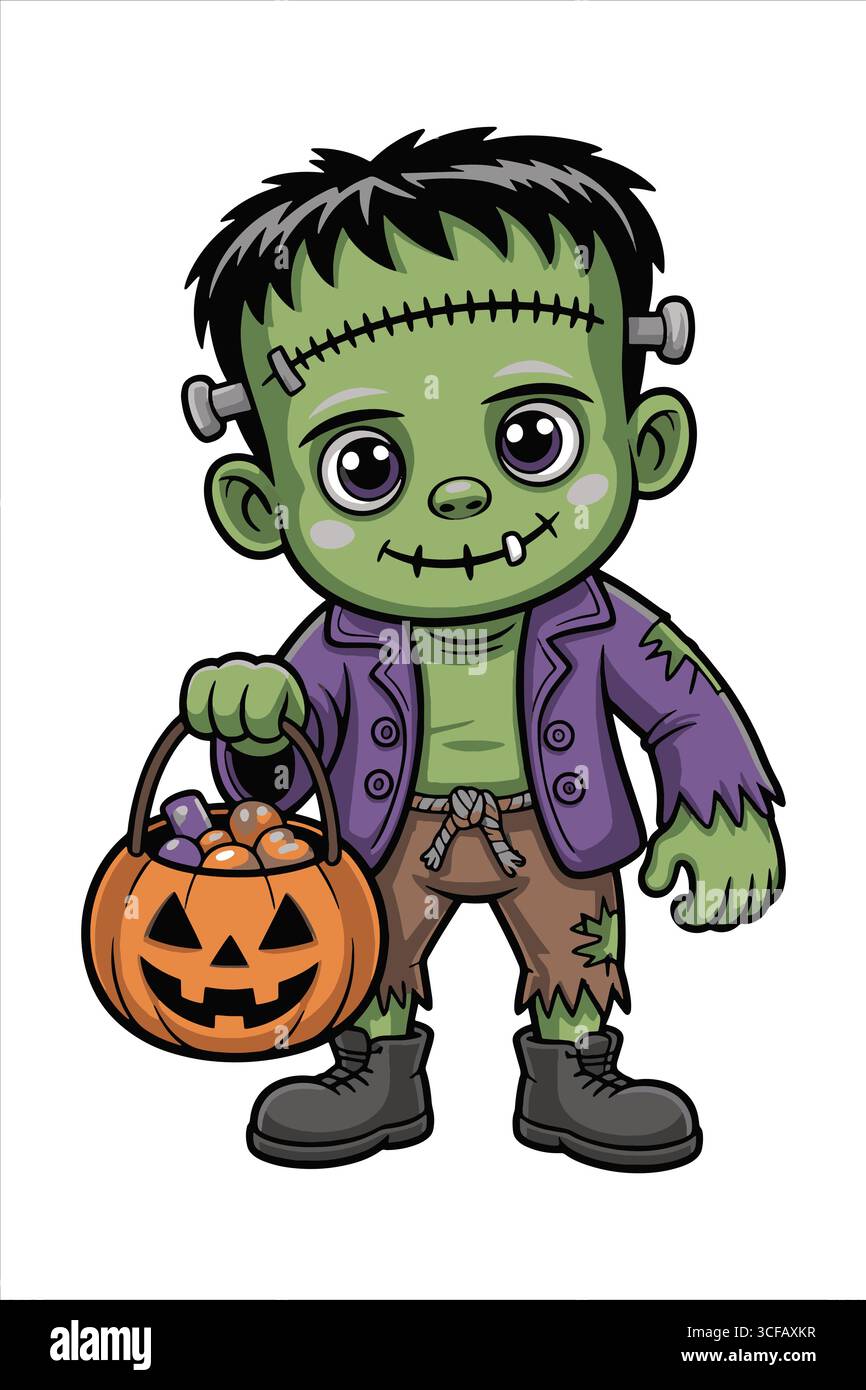 Mignon Frankenstein avec illustration d'Halloween de panier de citrouille Illustration de Vecteur