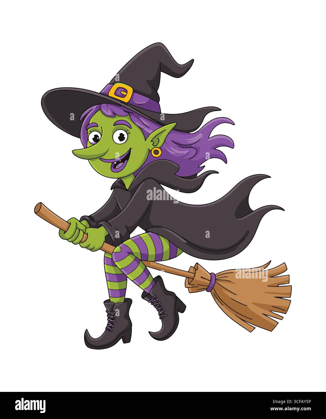 Dessin animé sorcière volant sur un balai avec des cheveux violets Illustration de Vecteur