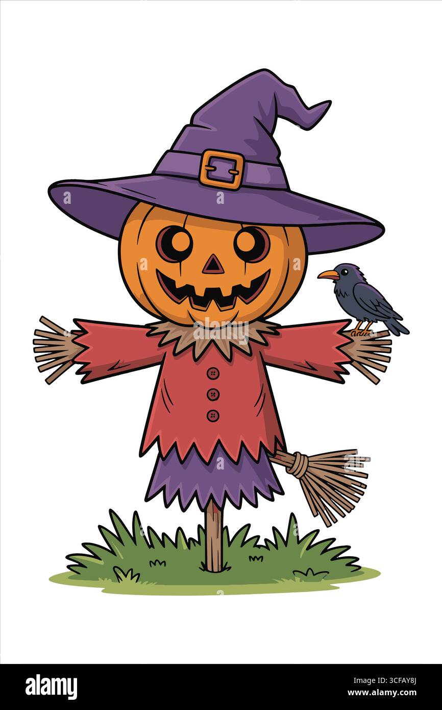 Dessin animé citrouille Scarecrow avec chapeau violet et corbeau Illustration de Vecteur