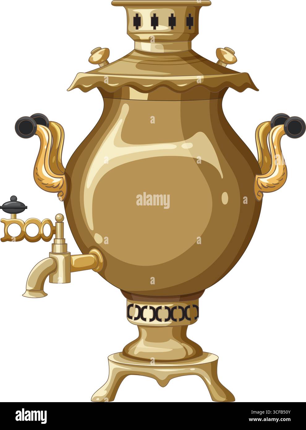 Samovar en laiton classique rendu dans un style vectoriel épuré avec des tons dorés chauds, une composition symétrique et des reflets subtils pour un ef métallique poli Illustration de Vecteur