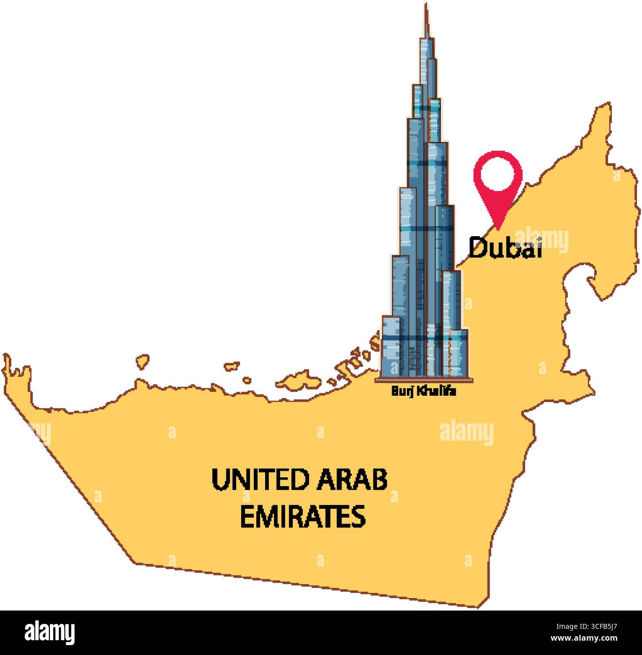 Illustration vectorielle mettant en évidence Burj Khalifa de Dubaï sur une carte simplifiée des Émirats arabes Unis avec des étiquettes claires et des couleurs vives Illustration de Vecteur