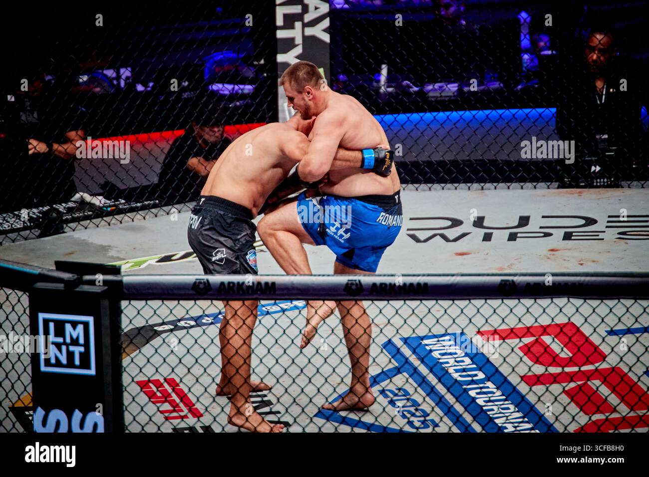 Hollywood, Floride, États-Unis. 21 août 2025. Alexandr Romanov (ROM) vs Oleg Popov (RUS) Heavyweight finals lors de la PFL finals Hollywood Fight Night in Hard Rock Live en Floride, États-Unis. Gagné : Oleg Popov. Crédit : Yaroslav Sabitov/YES Market Media/Alamy Live News Banque D'Images