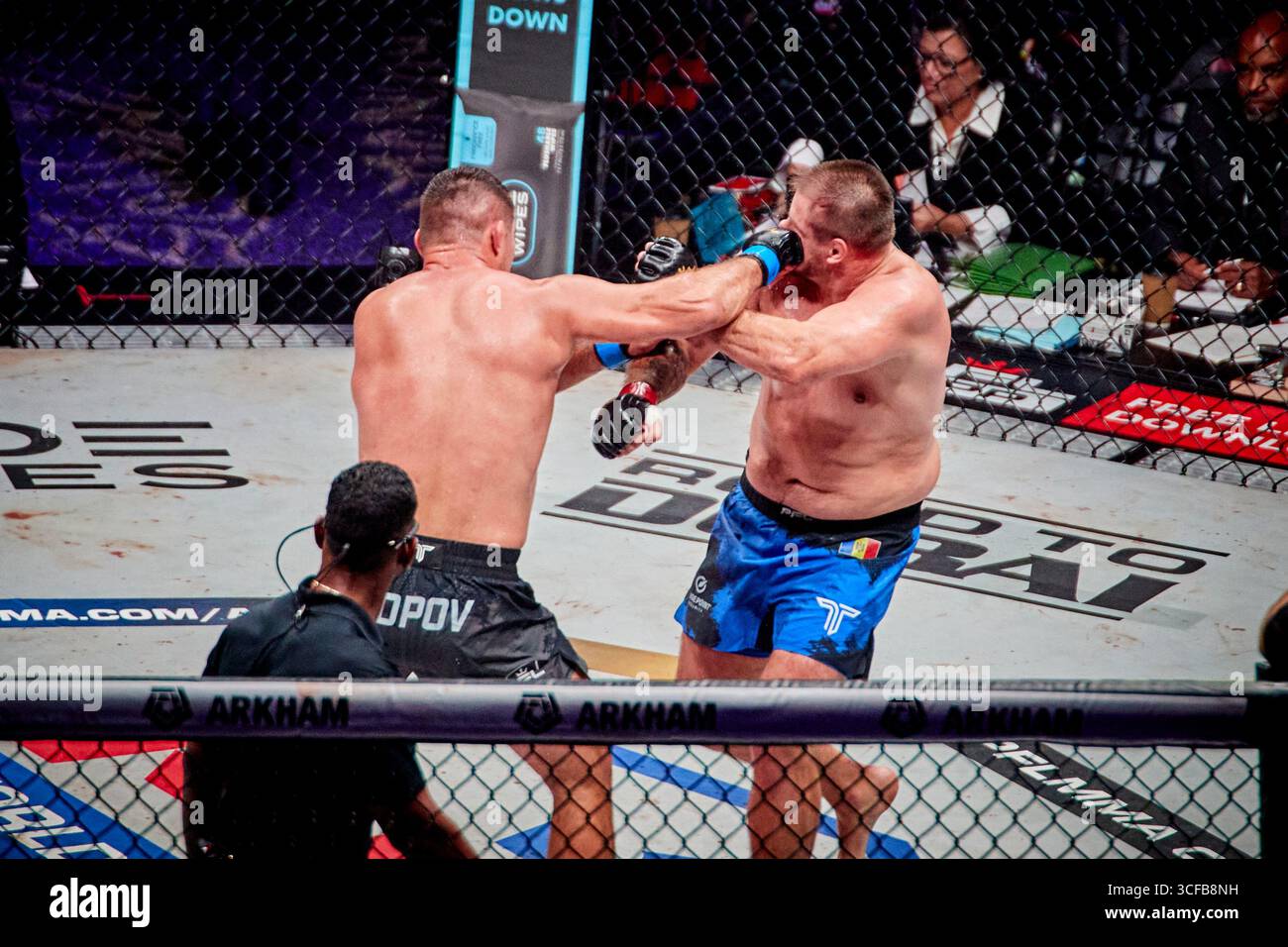 Hollywood, Floride, États-Unis. 21 août 2025. Alexandr Romanov (ROM) vs Oleg Popov (RUS) Heavyweight finals lors de la PFL finals Hollywood Fight Night in Hard Rock Live en Floride, États-Unis. Gagné : Oleg Popov. Crédit : Yaroslav Sabitov/YES Market Media/Alamy Live News Banque D'Images
