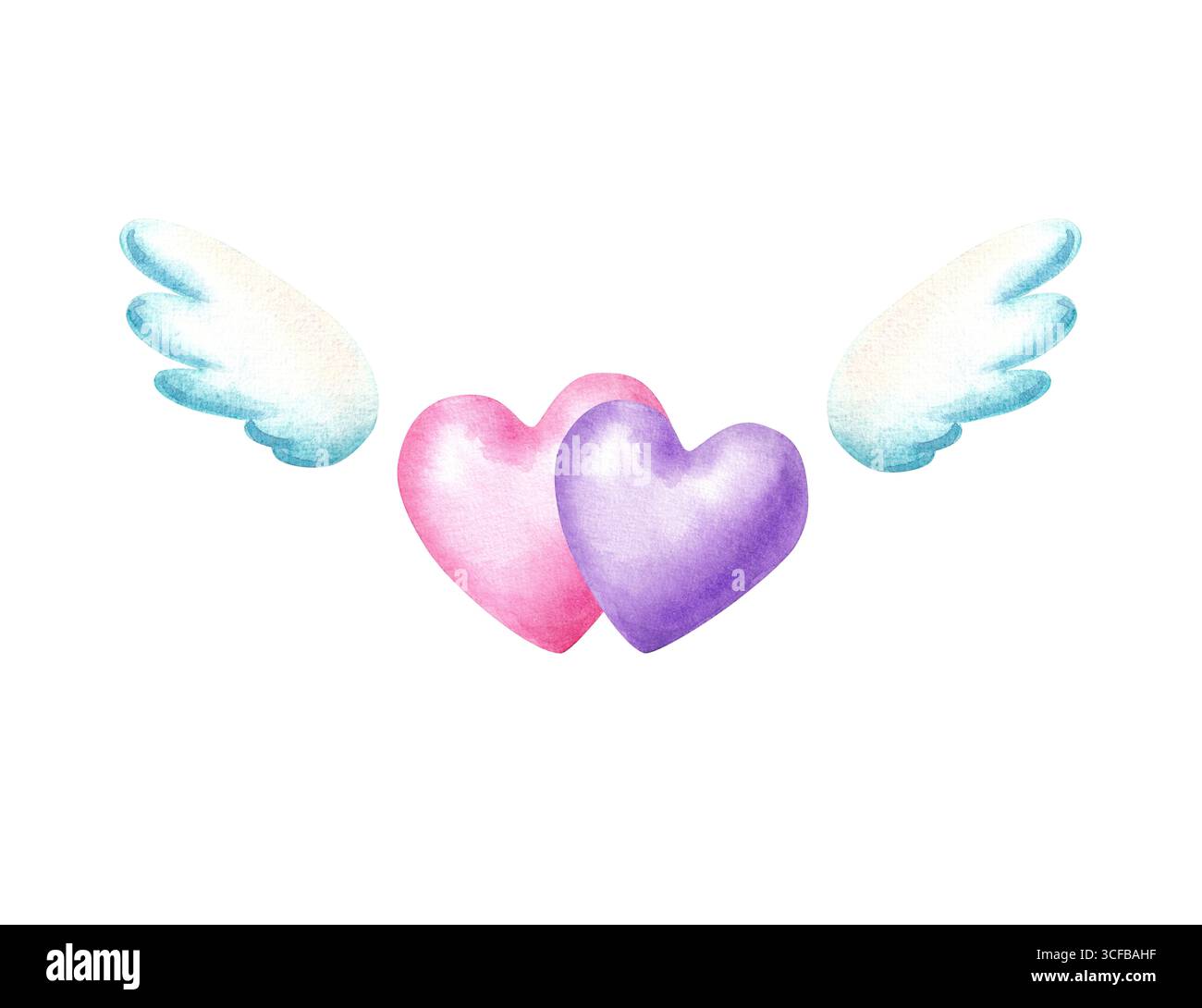 Deux coeurs avec des ailes dans un style naïf mignon. Illustration à l'aquarelle dessinée à la main pour le décor de la Saint-Valentin. Banque D'Images