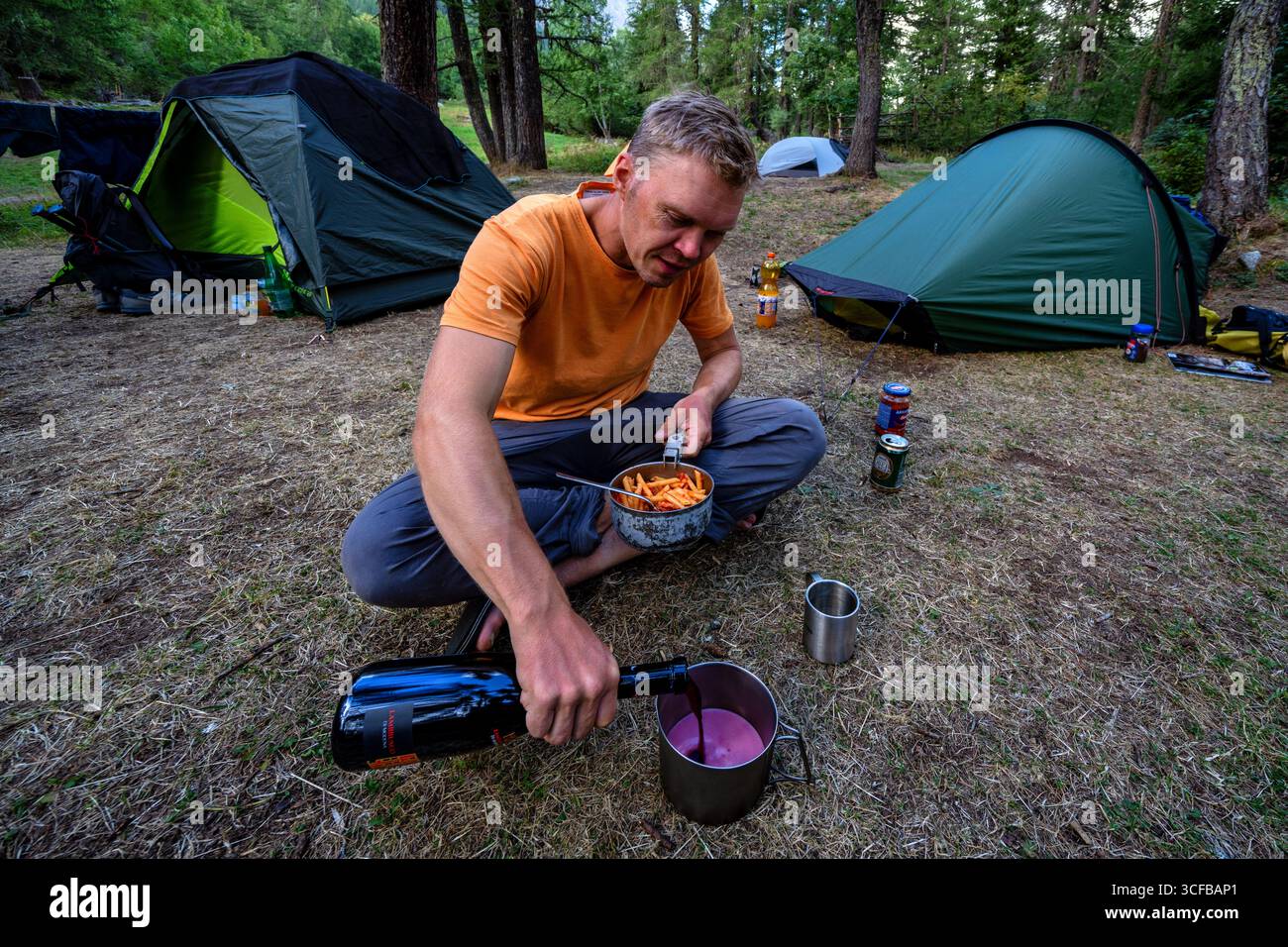 Camping grandes Jorasses dans la vallée du Val Ferret, Courmayeur, Alpes, Italie Banque D'Images