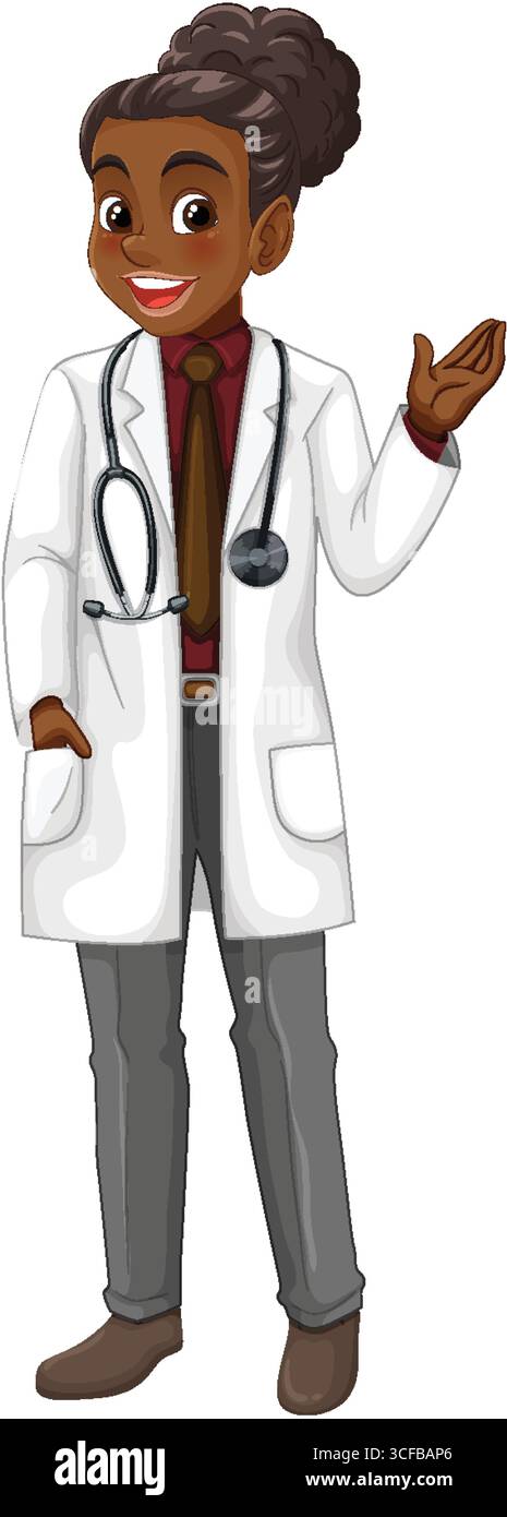 Illustration vectorielle d'une femme médecin souriante avec stéthoscope, portant un manteau blanc et une tenue professionnelle, debout avec un geste de bienvenue Illustration de Vecteur