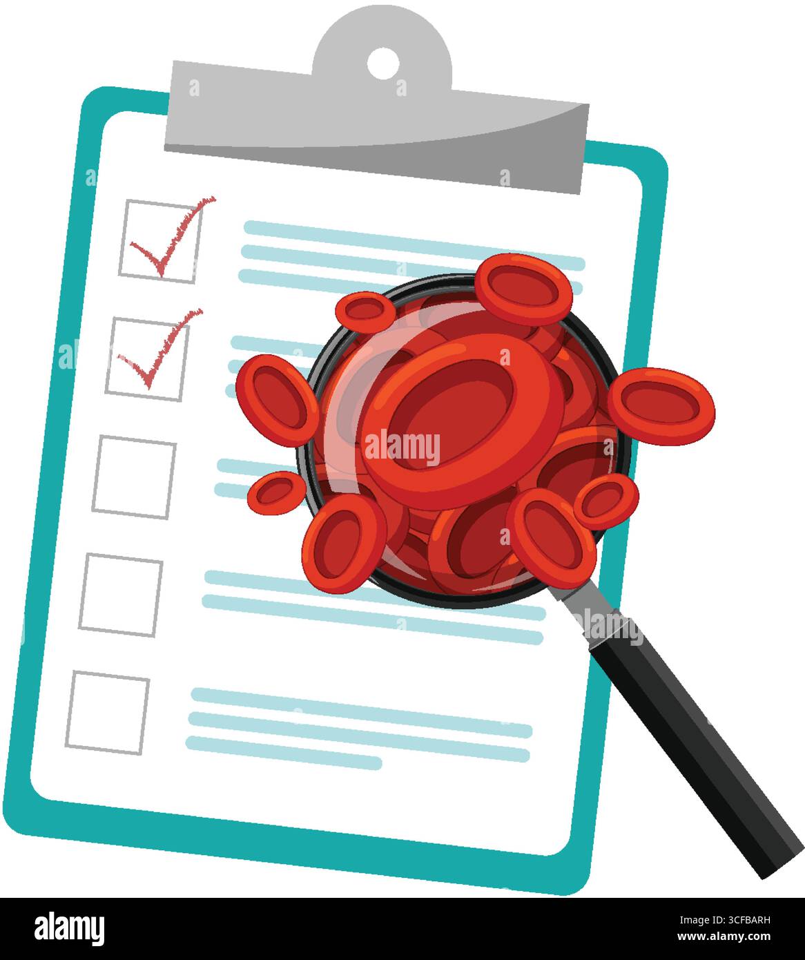 Illustration vectorielle de globules rouges sous loupe au-dessus d'une liste de contrôle médicale, en utilisant un design plat, des couleurs vives et des lignes épurées Illustration de Vecteur