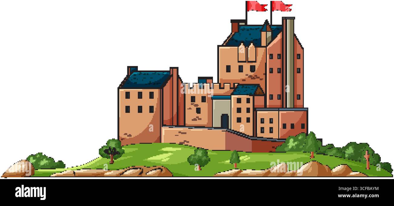 Illustration vectorielle colorée d'un château écossais traditionnel avec des drapeaux rouges, situé au sommet d'une colline herbeuse avec des arbres et des rochers au premier plan Illustration de Vecteur