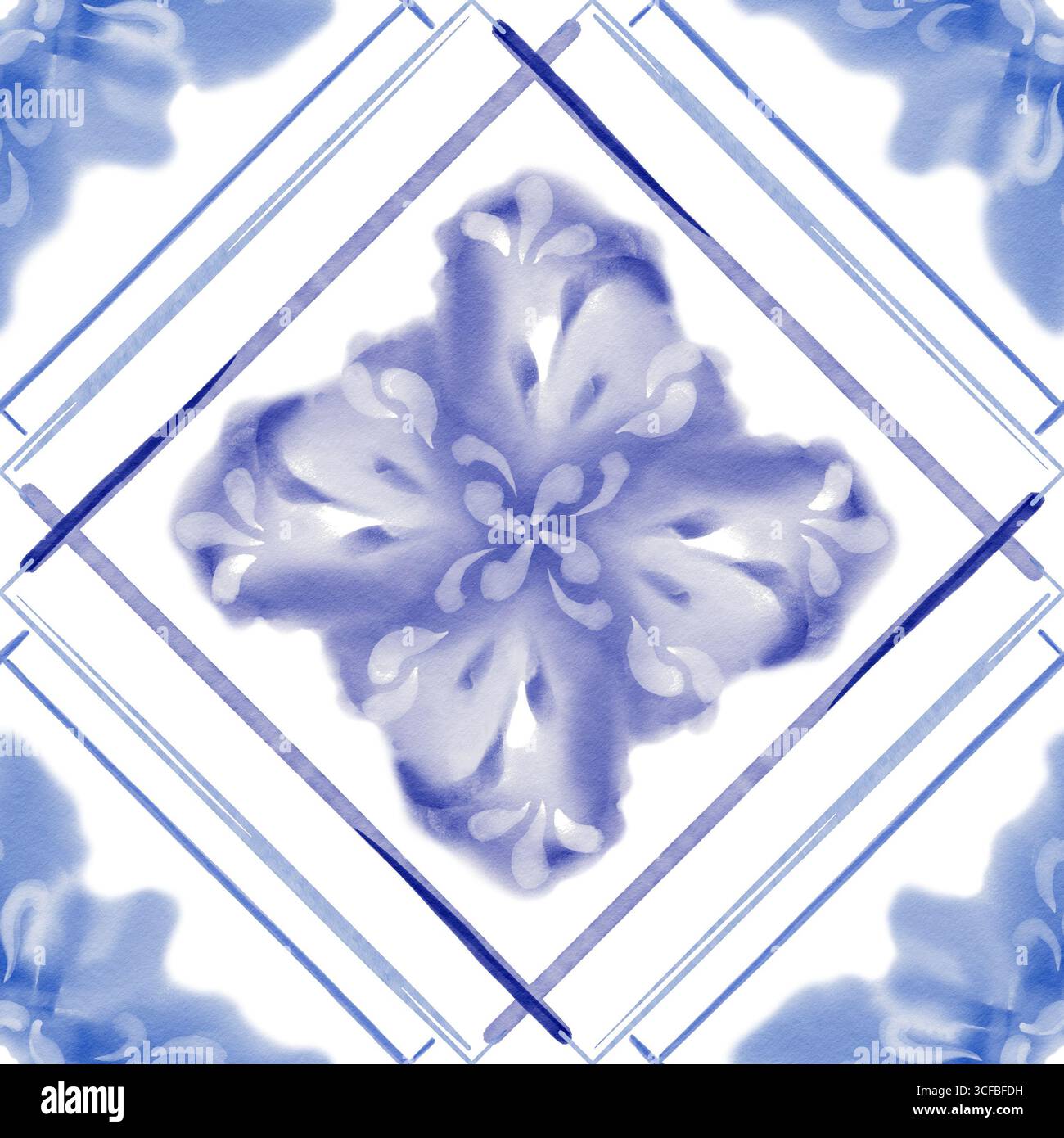 Motif floral sans couture aquarelle dans le style méditerranéen, coutures de vieux carreaux de céramique en couleur bleue.motif botanique abstrait lâche.pour les textiles Banque D'Images