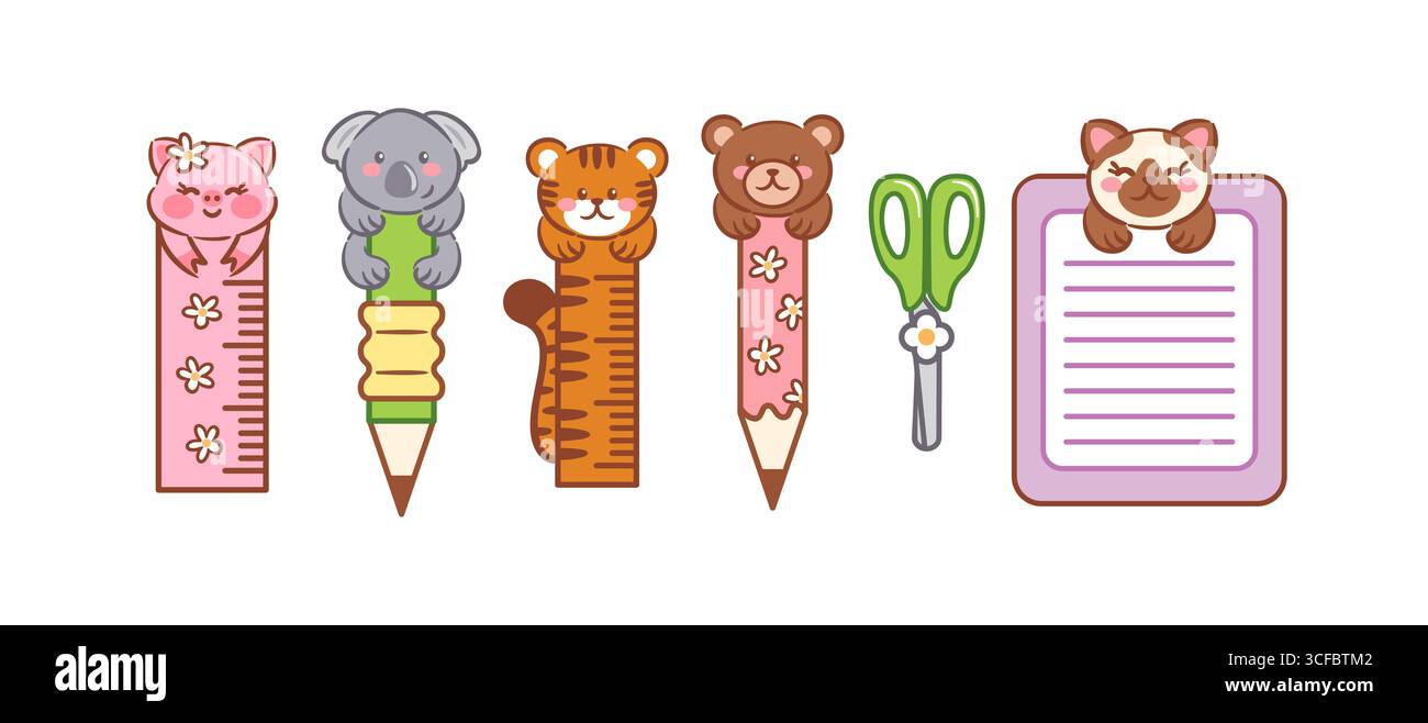 Adorables et charmants articles de papeterie mettant en vedette de délicieux animaux, parfaits pour les enfants et les passionnés Illustration de Vecteur
