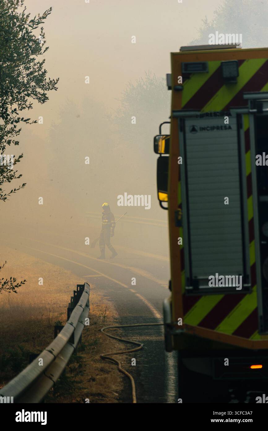 Une scène cinématographique et atmosphérique d'un pompier et d'un camion de pompiers. Banque D'Images