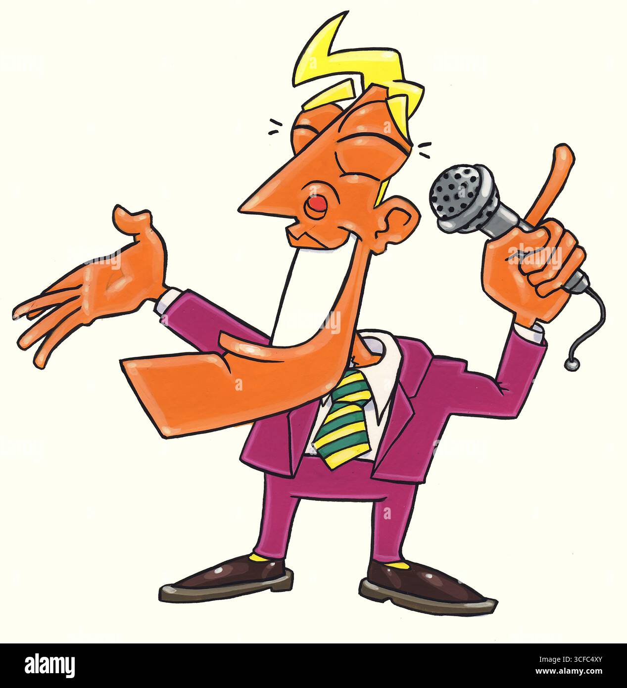 Homme de dessin animé tenant un micro souriant, journaliste. Présentateur TV, personnalité de la télévision, comparer, animateur de quiz, show business, parlant flamboyant Banque D'Images