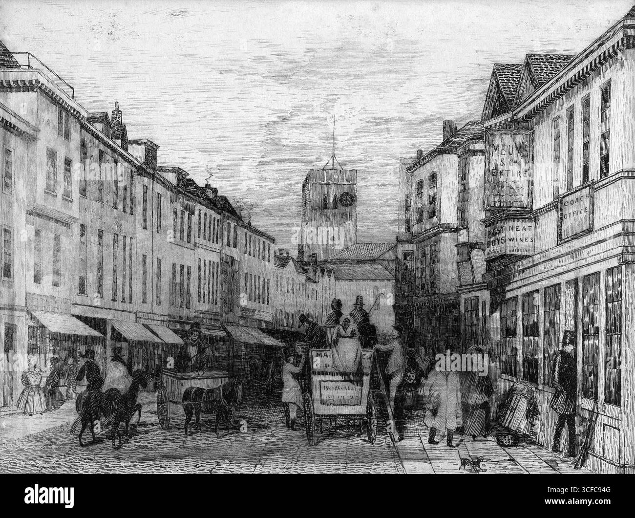 Kent, Angleterre. Circa.1830 - une gravure antique d'une scène occupée représentant Dartford High Street, Kent, vers 1830. Au premier plan se trouve l'Hôtel Bull & Victoria, affichant un signe de la brasserie Meux's sur elle. Cette auberge de coaching a ensuite été rebaptisée Royal Victoria and Bull Hotel. Les passagers embarquent dans un autocar postal. Visible au loin est le clocher de l'église Holy Trinity. Banque D'Images
