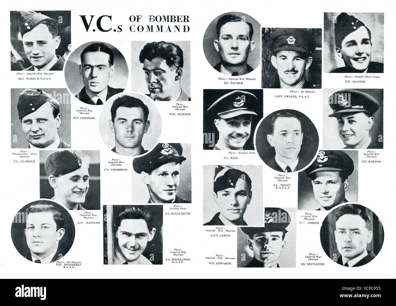 Années 1940 – montage photographique intitulé « V.C.s of Bomber Command » représentant des membres du Royal Air Force Bomber Command qui ont reçu la Croix de Victoria pendant la seconde Guerre mondiale. Les aviateurs inclus sont : Sgt. Ward, R.N.Z.A.F., W/C. Cheshire ; W/O. Jackson ; S/L. Palmer ; Capt. Swales, S.A. A.F. ; F/O. Manser ; F/L. Learoyd ; F/S. Thompson ; F/L. Reid ; S/L. TRENT, R.N.Z.A.F., P/O. Barton ; Sgt. Hannah ; S/L. BAZALGETTE ; A.F/S. Aaron ; W/C. Gibson ; P/O. MYNARSKI, R.C.A.F. ; F/S. MIDDLETON, R.A. A.F. ; W/C. Edwards ; S/L. Nettleton. Banque D'Images
