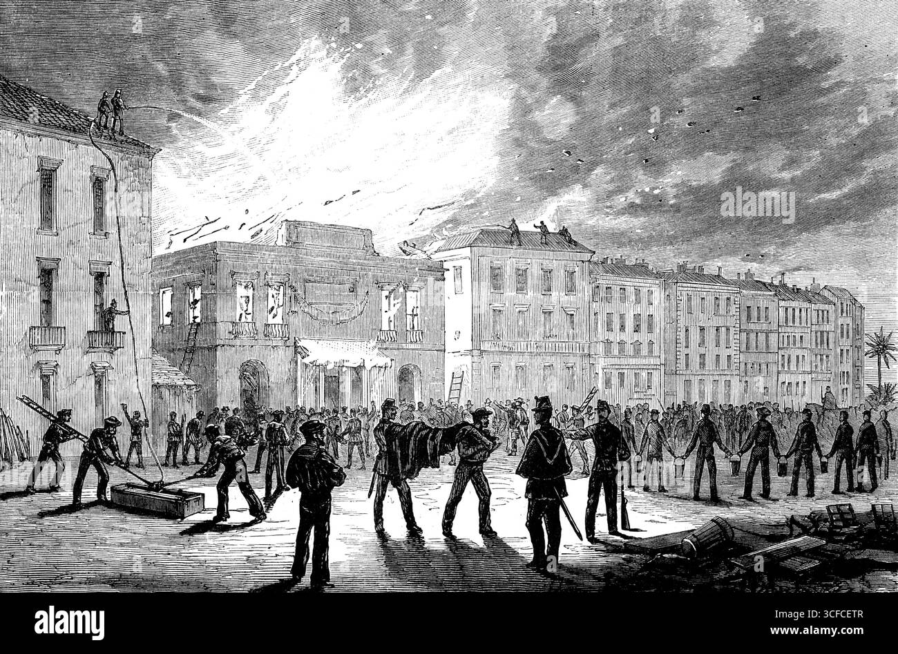 Incendie du Théâtre Municipal de Nice : l'incendie vu de la rue caractérisée Francis de Paul, 1881. « Une terrible catastrophe, qui a causé la perte de près d'une centaine de vies, a eu lieu à Nice mercredi soir de la semaine dernière. Le Théâtre Municipal, à la représentation opéra de "Lucia di Lammermoor", par une compagnie spéciale d'artistes italiens, avec Signora Bianca Donadio pour "prima donna", a été occupé par un large public... La fosse et les galeries étaient bondées, au moment où l'incendie a éclaté... il a été causé par une explosion de gaz à l'arrière de la stage...in The Banque D'Images