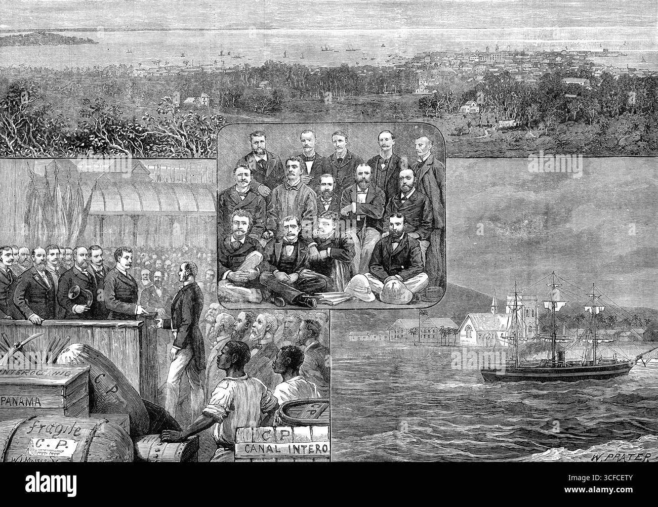 Le canal maritime de Panama : arrivée des ingénieurs à Colon, 1881. 'Nos illustrations, à partir de croquis du capitaine Chamberlaine-Bey, secrétaire des directeurs de cette grande entreprise, montrent les scènes de Colon (Aspinwall), le port atlantique du passage de l'Isthme, le 30 janvier, lorsque le vapeur Lafayette, de la Compagnie transatlantique française, amena le personnel des ingénieurs civils mandatés pour effectuer les travaux préliminaires à la coupe du canal du navire conçu par M. de Lesseps de l'Atlantique à l'océan Pacifique. Ils ont été accueillis au débarquement par le maire de Colon et d'autres municipaux et officiels PER Banque D'Images
