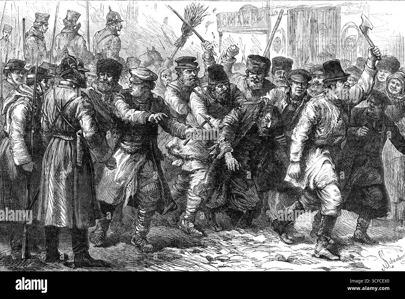 Mauvais traitements infligés aux Juifs en Russie : assaut contre un Juif en présence de l'armée à Kiev, 1881. « La mauvaise conduite déplorable et détestable de la population dans certaines villes du sud de la Russie, où une haine fanatique des Juifs a récemment éclaté dans des agressions cruelles et des attaques contre leurs maisons, avec d'autres actes de violence, a été portée à la connaissance de Lord Granville par un député au ministère des Affaires étrangères... dans la seule ville de Kiev, la perte et la destruction de biens... avaient été estimées à pas moins de &#xa3;140 000. Ils commencèrent à Kiev l'après-midi du 26 avril et continuèrent Banque D'Images