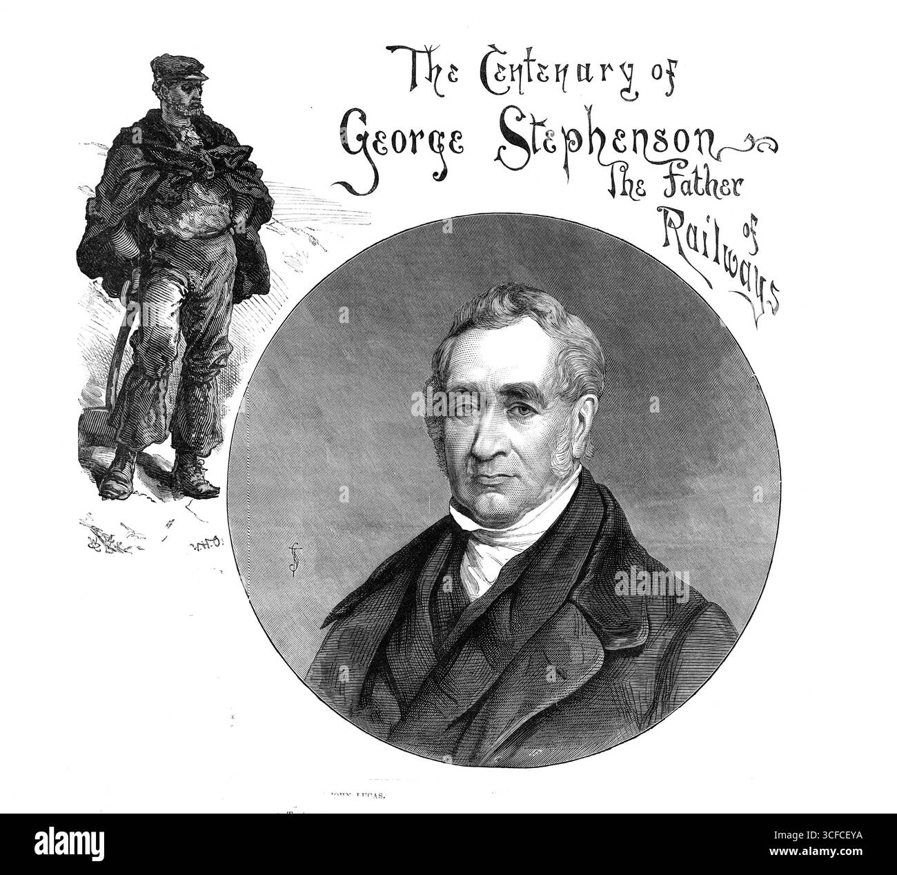 Le siècle de George Stephenson, le père des chemins de fer, 1881. Portrait gravé '...from The Picture by John Lucas, copié avec la permission de Henry graves and Co.', publié dans un supplément spécial pour célébrer le centenaire de la naissance de Stephenson. George Stephenson (1781-1848) était un ingénieur civil et ingénieur mécanique britannique. Lancé par Stephenson, le transport ferroviaire est l'une des inventions technologiques les plus importantes du XIXe siècle et un élément clé de la révolution industrielle. Illustration d'ouvrier par William Heysham Overend. Tiré de "Illustrated London News", 1881. Banque D'Images