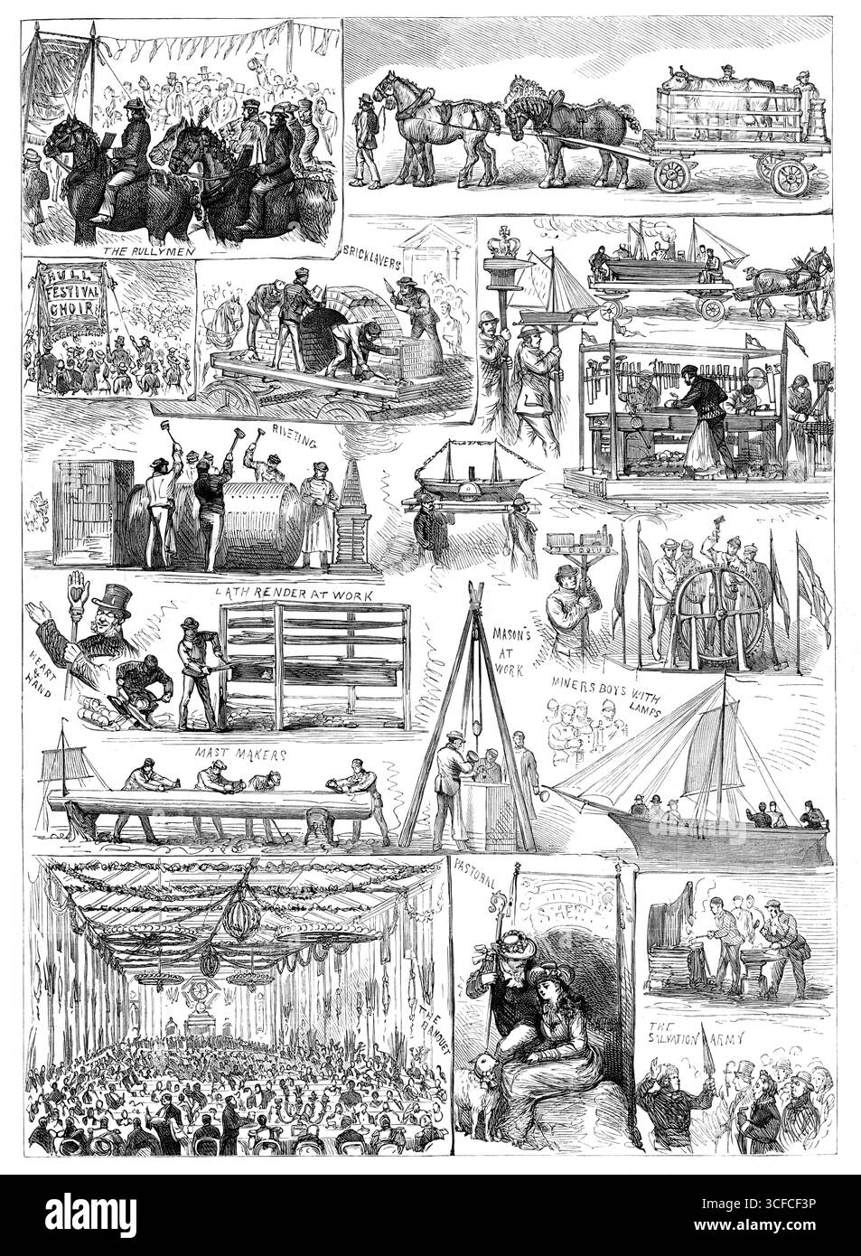 Commencement du Hull, Barnsley, and West Riding Railway and Dock : procession et banquet, 1881. « The Rullymen ; [chevaux de trait et vache de prix] ; Hull Festival Choir ; briqueteurs ; [flotteur de carnaval, bateau modèle et atelier de menuiserie] ; rivetage ; coeur & amp ; main ; latte au travail ; maçons au travail ; mineurs garçons avec lampes ; fabricants de mâts ; [pose de la première pierre] ; le banquet ; pastorale; [forge du forgeron] ; l'Armée du Salut. La ville célèbre la construction d'une nouvelle ligne de chemin de fer. From Illustrated London News », 1881. Banque D'Images