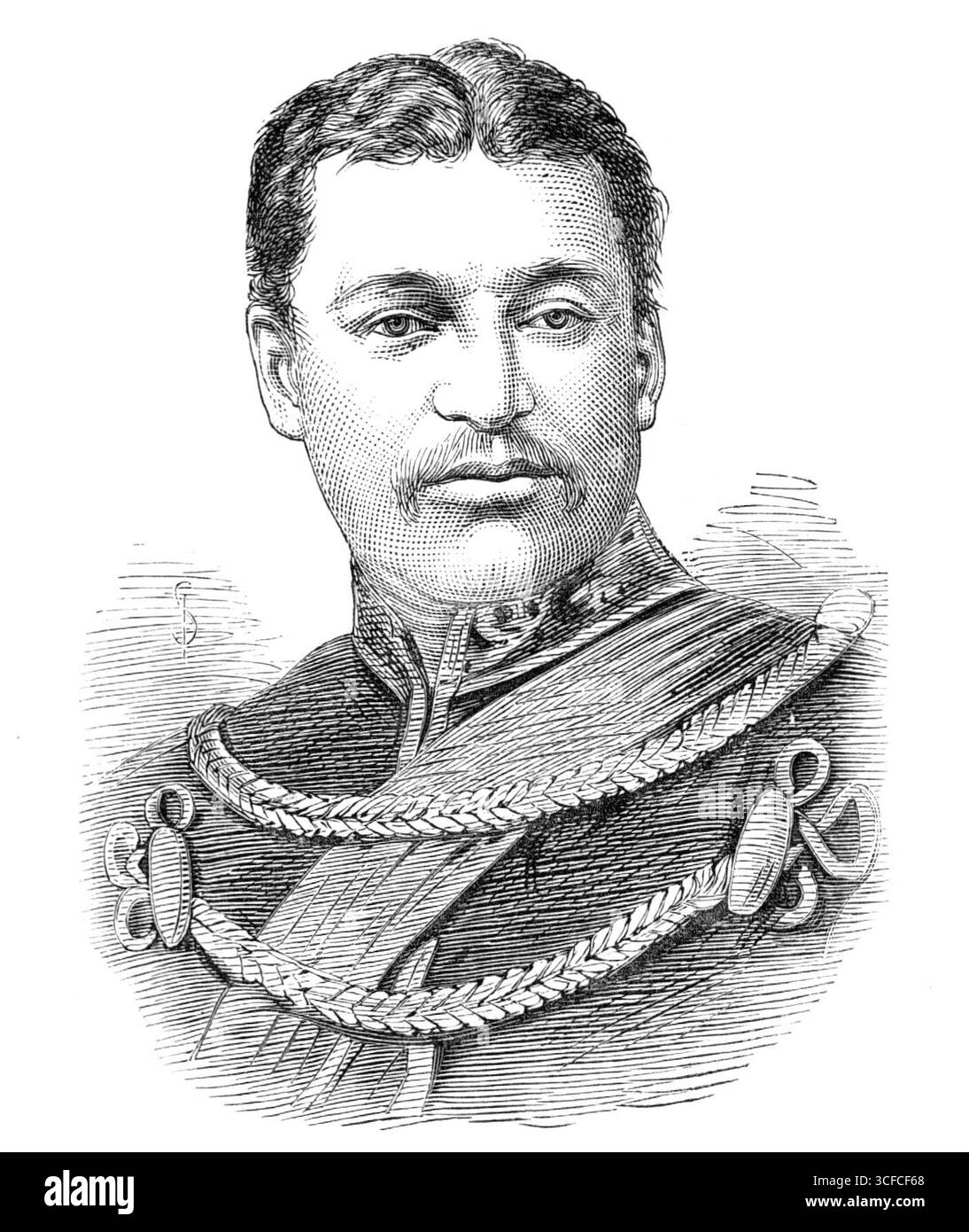 Brevet-major W. J. Vousden, V.C., 1881. Gravure d'après une photographie de MM. Baker et Burke, du Punjaub. « Il a été mentionné par nous, le 22 octobre, que la reine a été gracieusement heureuse de conférer la Croix de Victoria au capitaine (maintenant breveté-major) William John Vousden, du corps d'état-major du Bengale. C'est pour la bravoure exceptionnelle qu'il a affichée le 14 décembre 1879, sur les hauteurs de Koh Asmai, près de Cabul, en chargeant, avec un petit groupe, dans le centre de la ligne de la force Kohistani en retraite, par laquelle ils étaient grandement en infériorité numérique, et qui ont fait de leur mieux pour fermer autour d'eux. Afte Banque D'Images