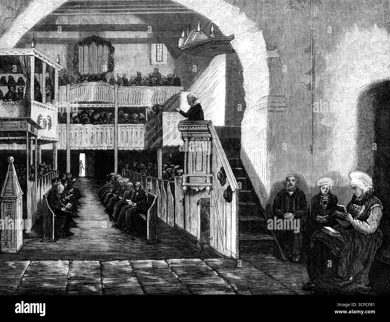 Prêcher dans une église norvégienne, à Rosendal, Hardanger-Fjord, 1881. 'La congrégation rustique... écoute avec une attention particulière un sermon de leur révérend pasteur. Sauf quelques particularités étrangères dans la structure des bancs et des galeries et dans la forme du mobilier de l'église, ainsi que dans la robe des femmes, il n'y a guère de différence entre cette scène de service Divin et ce qui peut être vu dans les districts ruraux d'autres pays protestants. Le lecteur qui désire en savoir plus sur les institutions ecclésiastiques de Norvège... est recommandé de se procurer Mr. du Chaillu's. Banque D'Images Prêcher dans une église norvégienne, à Rosendal, Hardanger-Fjord, 1881. 'La congrégation rustique... écoute avec une attention particulière un sermon de leur révérend pasteur. Sauf quelques particularités étrangères dans la structure des bancs et des galeries et dans la forme du mobilier de l'église, ainsi que dans la robe des femmes, il n'y a guère de différence entre cette scène de service Divin et ce qui peut être vu dans les districts ruraux d'autres pays protestants. Le lecteur qui désire en savoir plus sur les institutions ecclésiastiques de Norvège... est recommandé de se procurer Mr. du Chaillu's. Banque D'Images