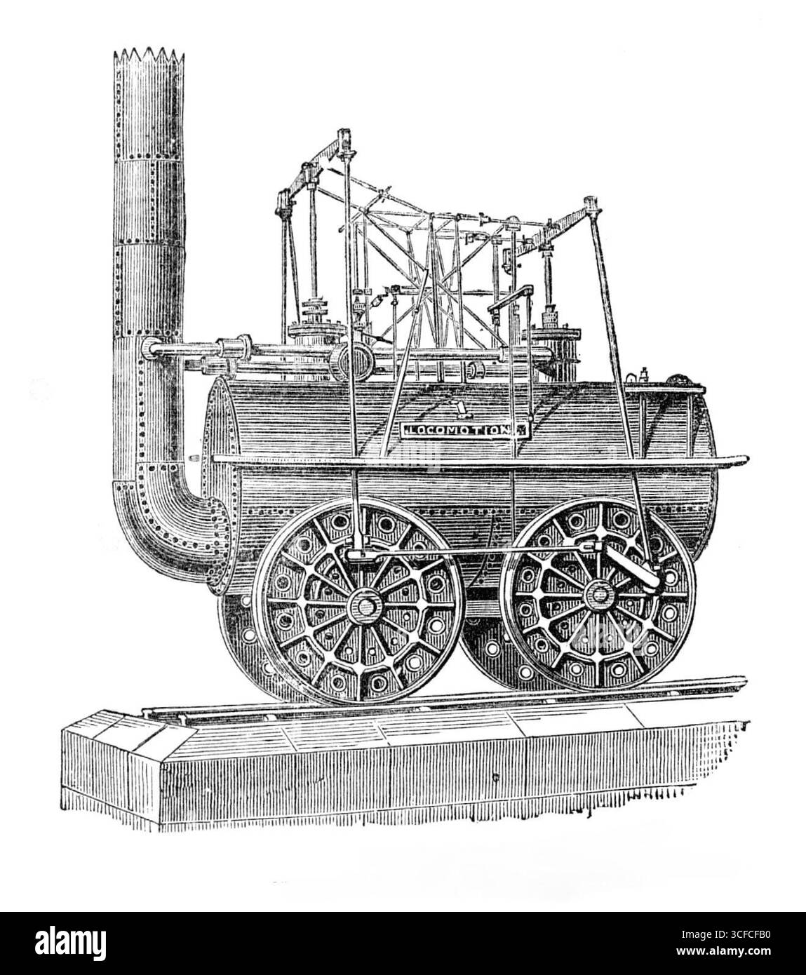 George Stephenson, père des chemins de fer : [locomotion,] le premier moteur de locomotive, 1881. Le Stockton and Darlington Railway... était à l'origine seulement destiné à être un tramway exploité par la puissance du cheval, et en tant que tel, il a été arpenté, et sa construction a commencé par Mr. Stephenson. Au cours de l'avancement des travaux, l'ingénieur suggéra fréquemment qu'il devrait être autorisé à travailler la ligne avec des locomotives, et finalement Mr. Pease et ses amis furent poussés à consentir. Le chemin de fer a été ouvert à la circulation le 27 septembre 1825, George Stephenson conduisant lui-même la première locomotive, le moteur dessinant Banque D'Images
